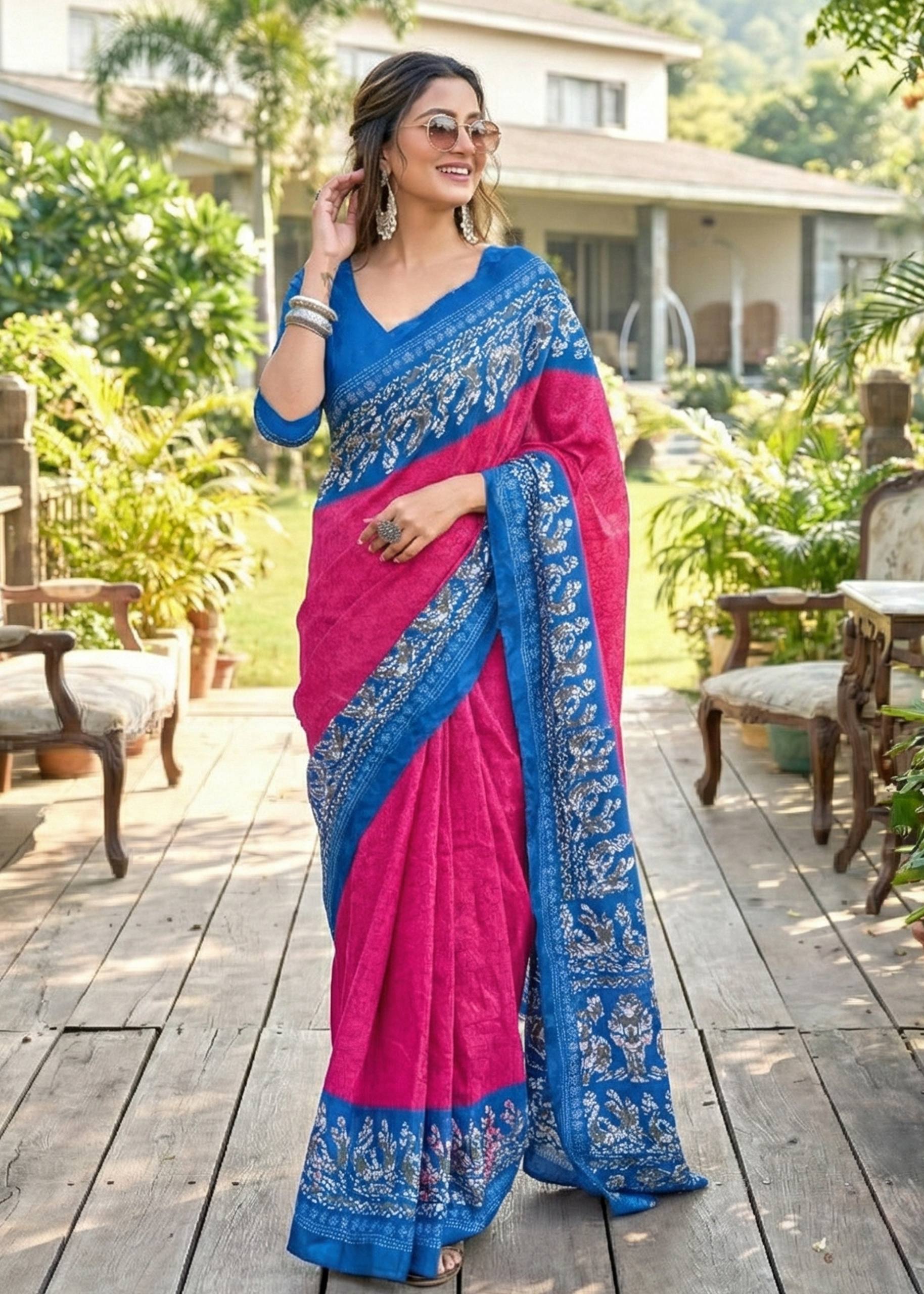 PURE SOFT COTTON BATIK BLOCK PRINT PINK SAREE WITH BLOUSE