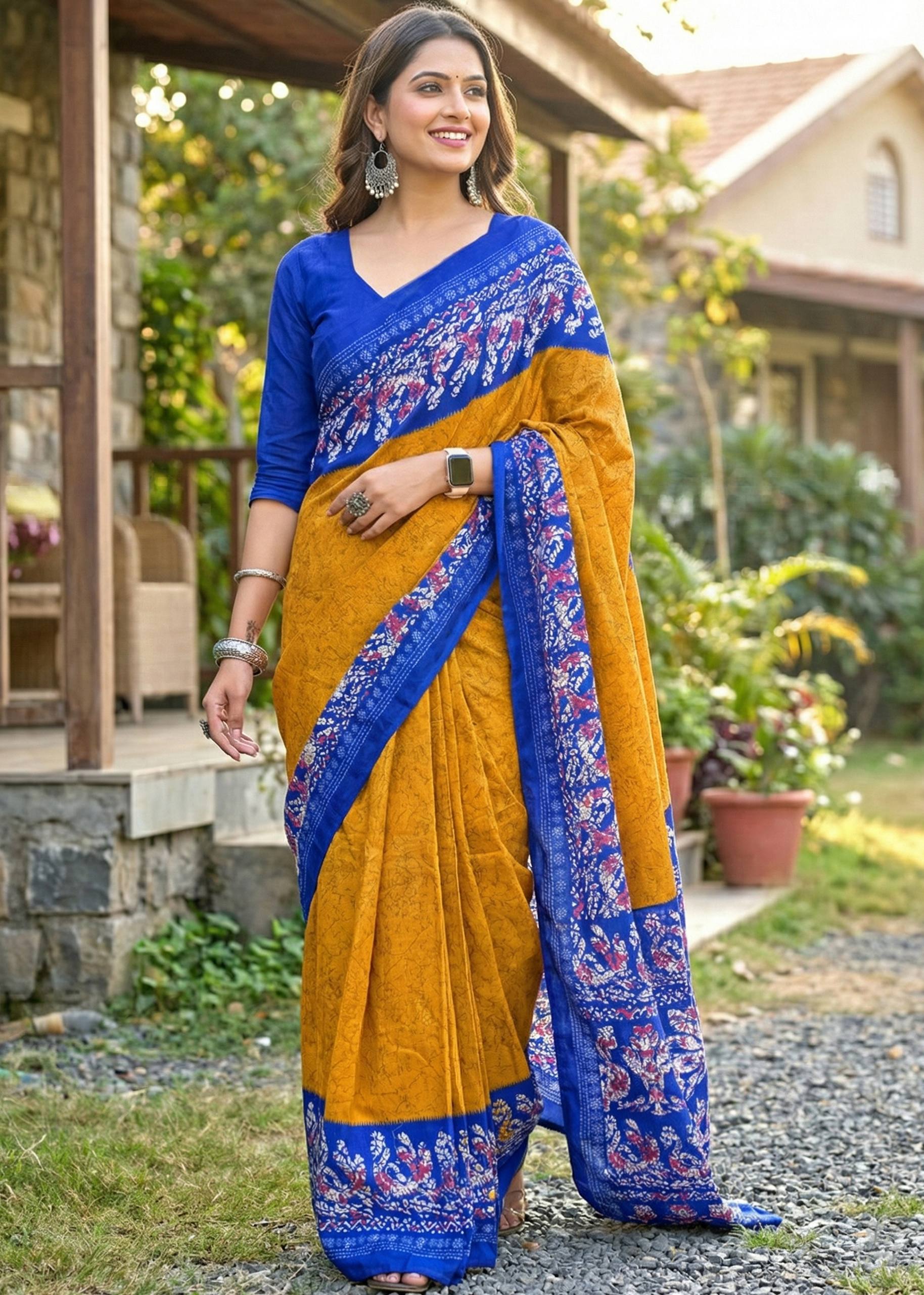 PURE SOFT COTTON BATIK BLOCK PRINT YELLOW SAREE WITH BLOUSE