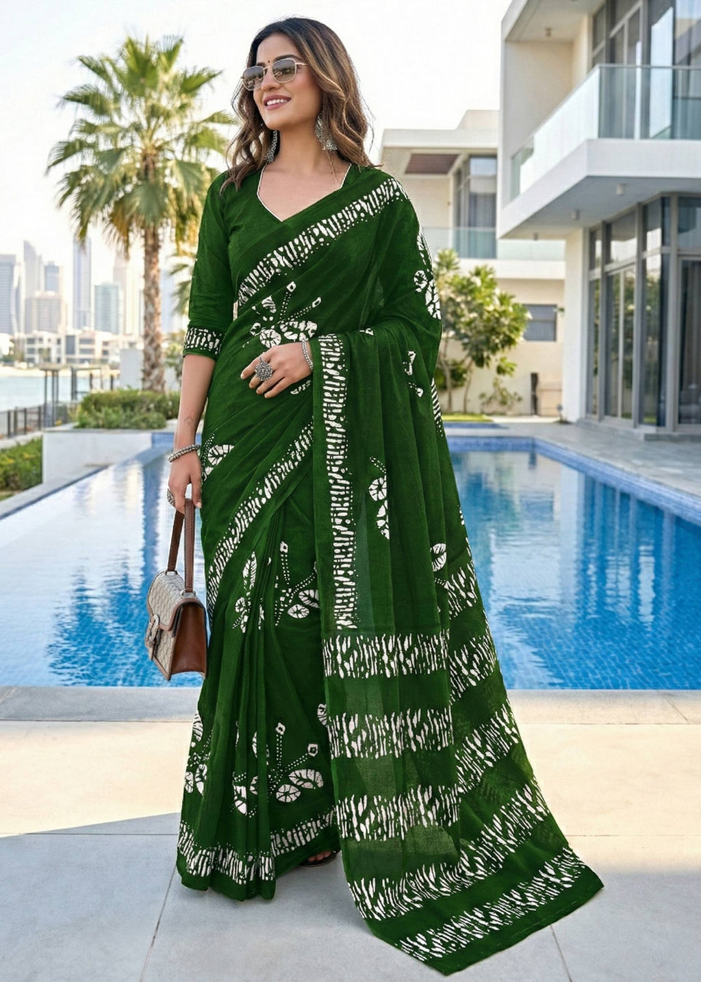 PURE SOFT COTTON BAGRU BLOCK PRINT GREEN SAREE WITH BLOUSE