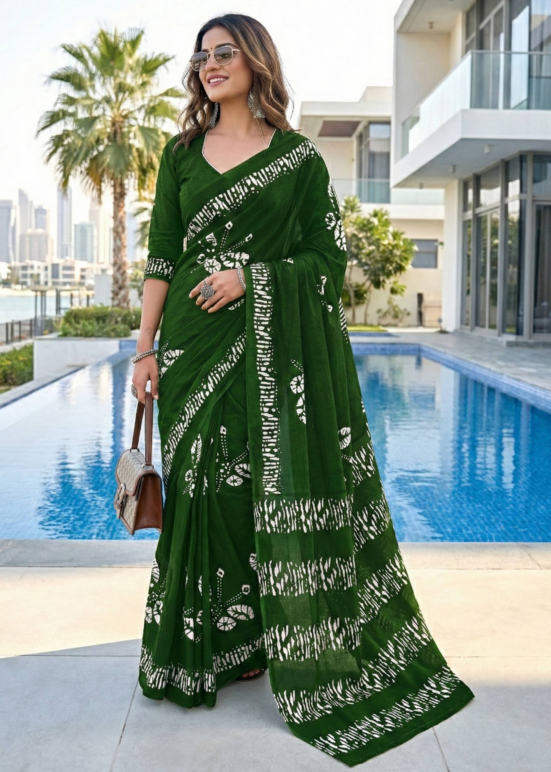 PURE SOFT COTTON BAGRU BLOCK PRINT GREEN SAREE WITH BLOUSE