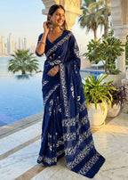 PURE SOFT COTTON BAGRU BLOCK PRINT NEVY BLUE SAREE WITH BLOUSE
