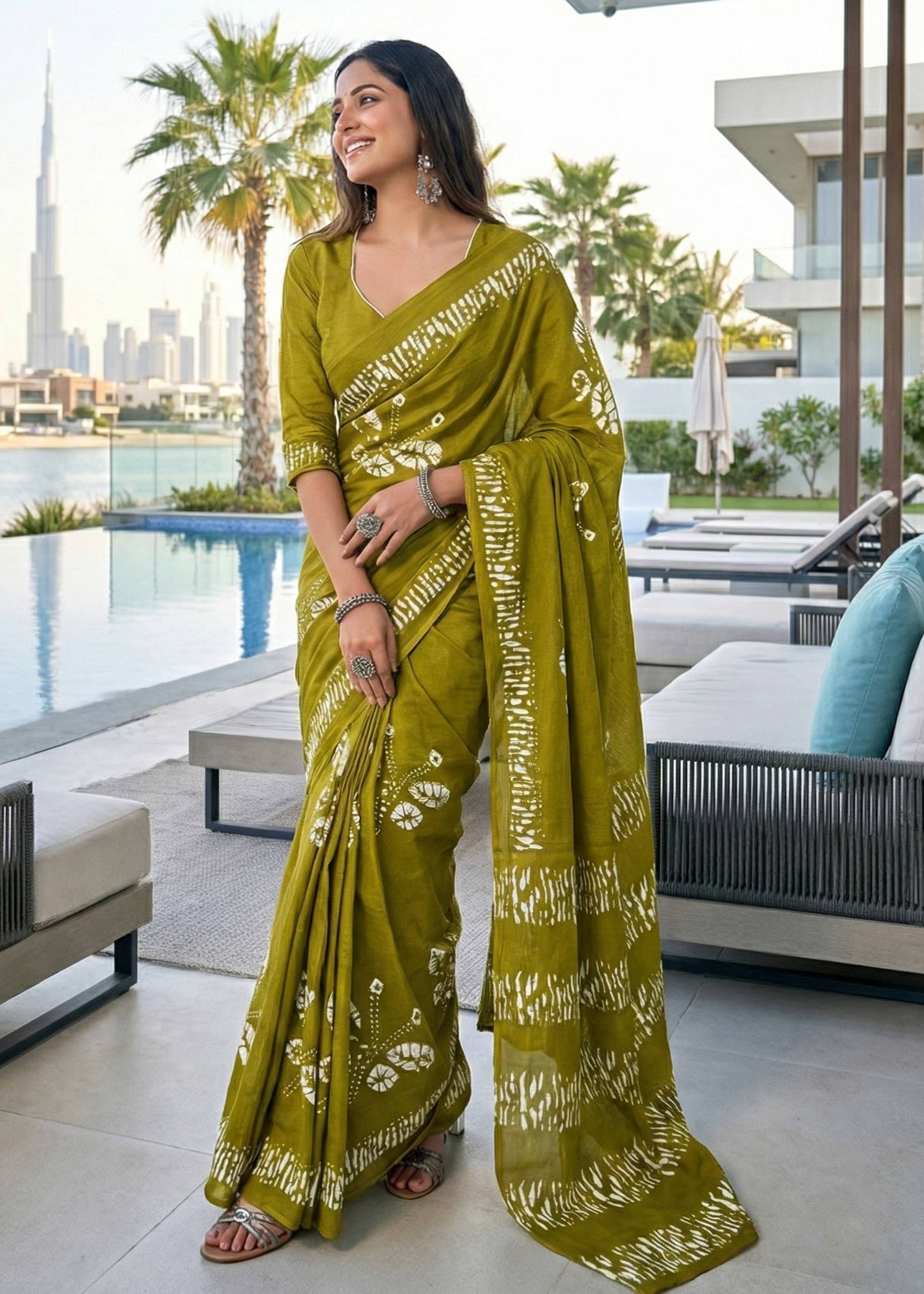 PURE SOFT COTTON BAGRU BLOCK PRINT MEHANDI GREEN SAREE WITH BLOUSE