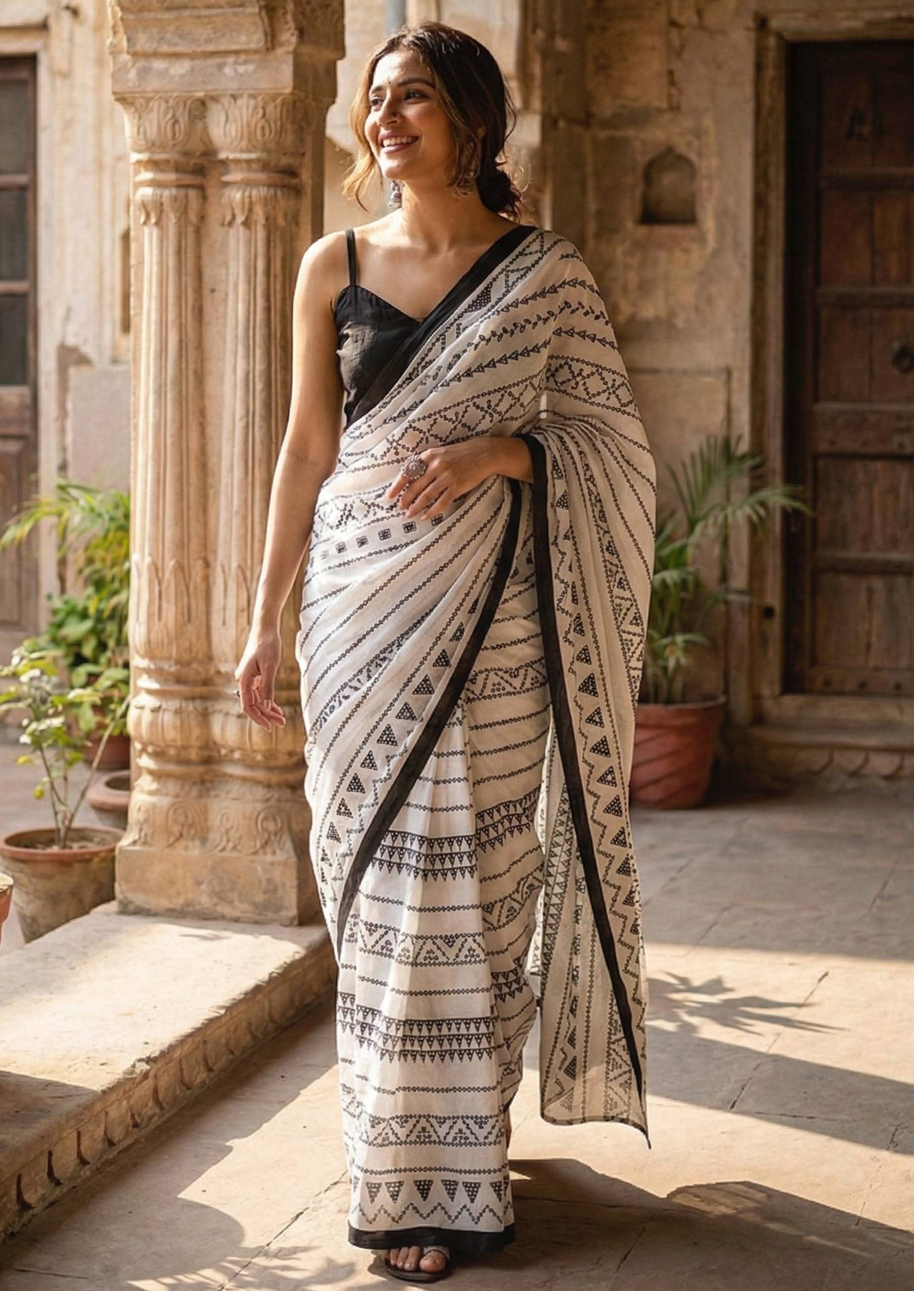 PURE SOFT COTTON HAND BAGRU BLOCK PRINT WHITE SAREE WITH BLOUSE