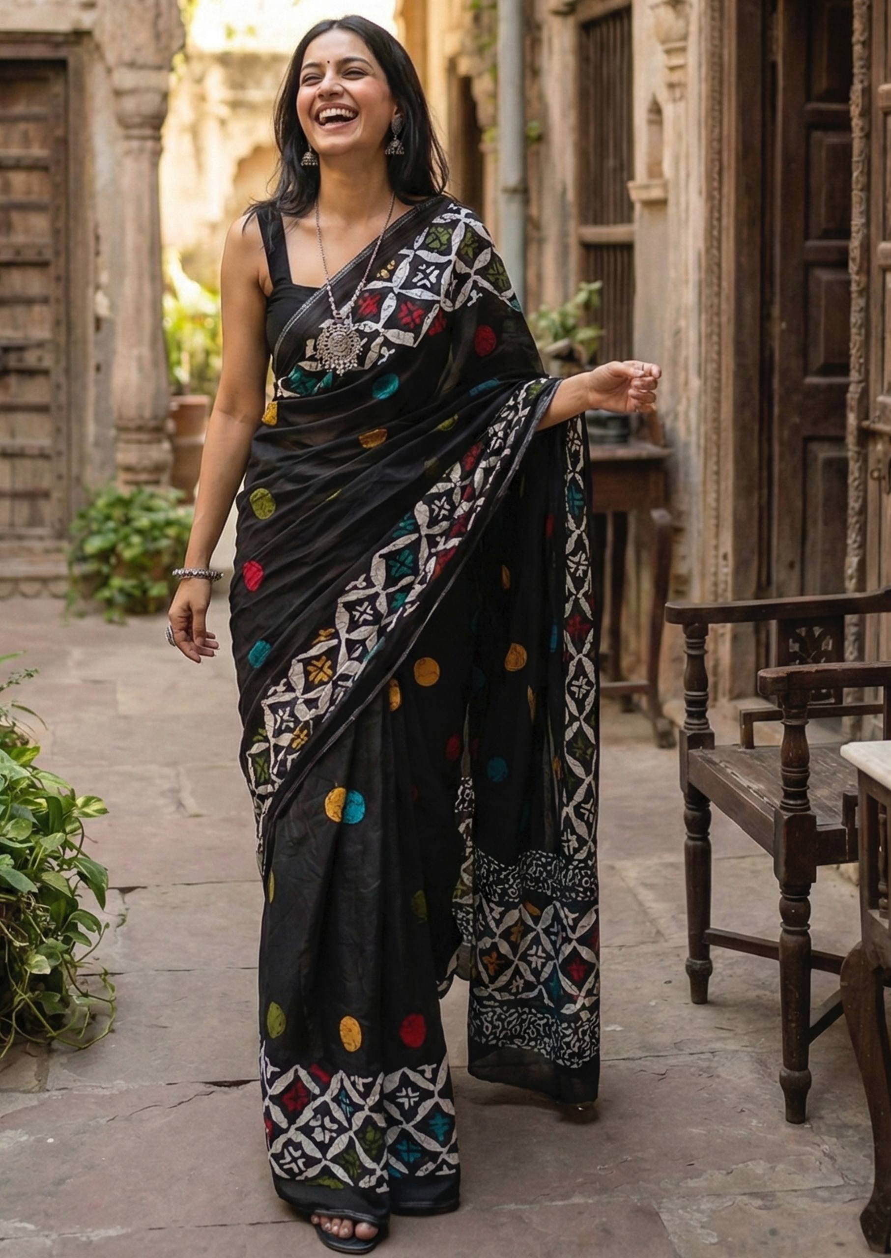PURE SOFT COTTON HAND BAGRU BLOCK PRINT BLACK SAREE WITH BLOUSE
