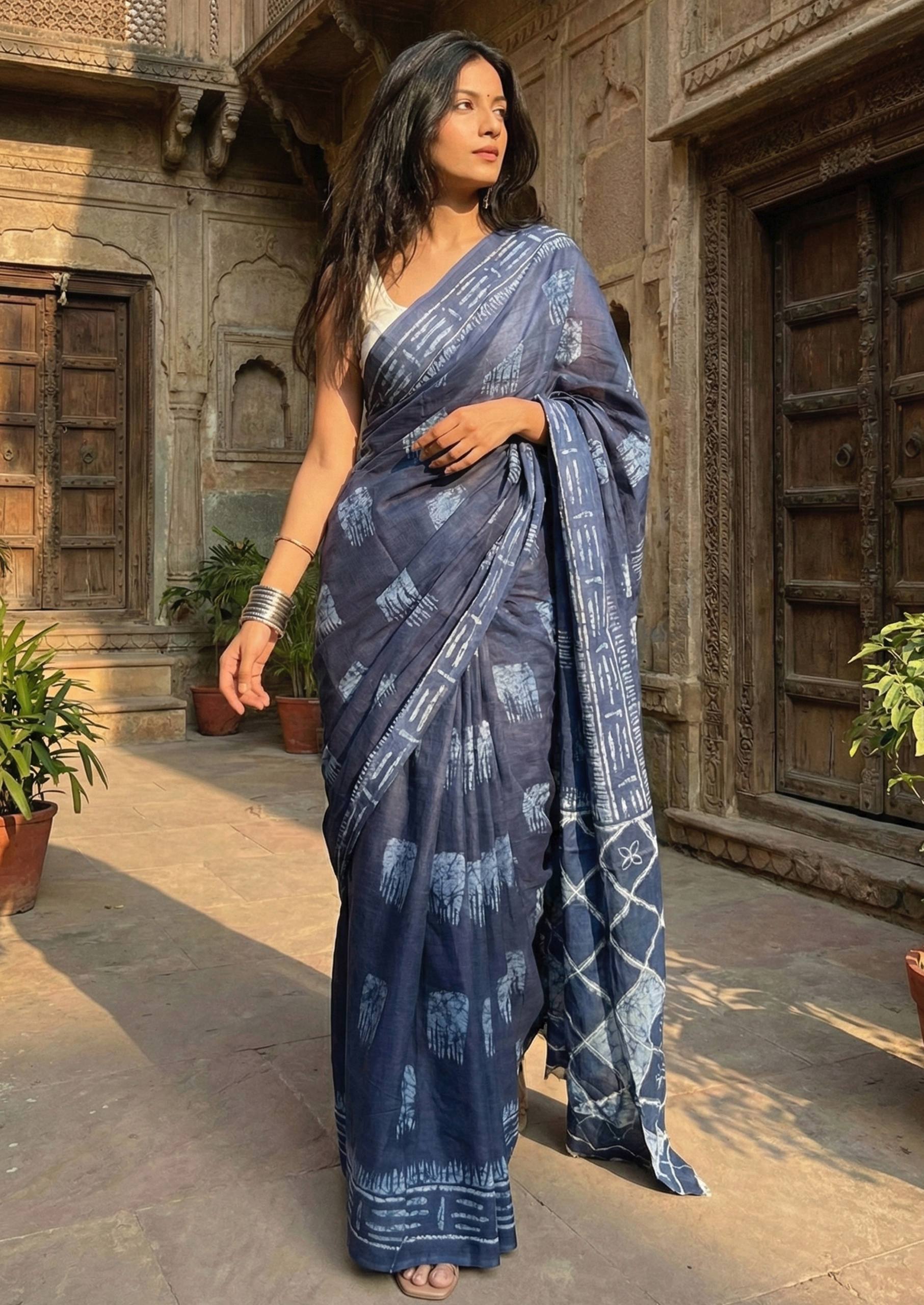 PURE SOFT COTTON HAND BAGRU BLOCK PRINT NEVY BLUE SAREE WITH BLOUSE