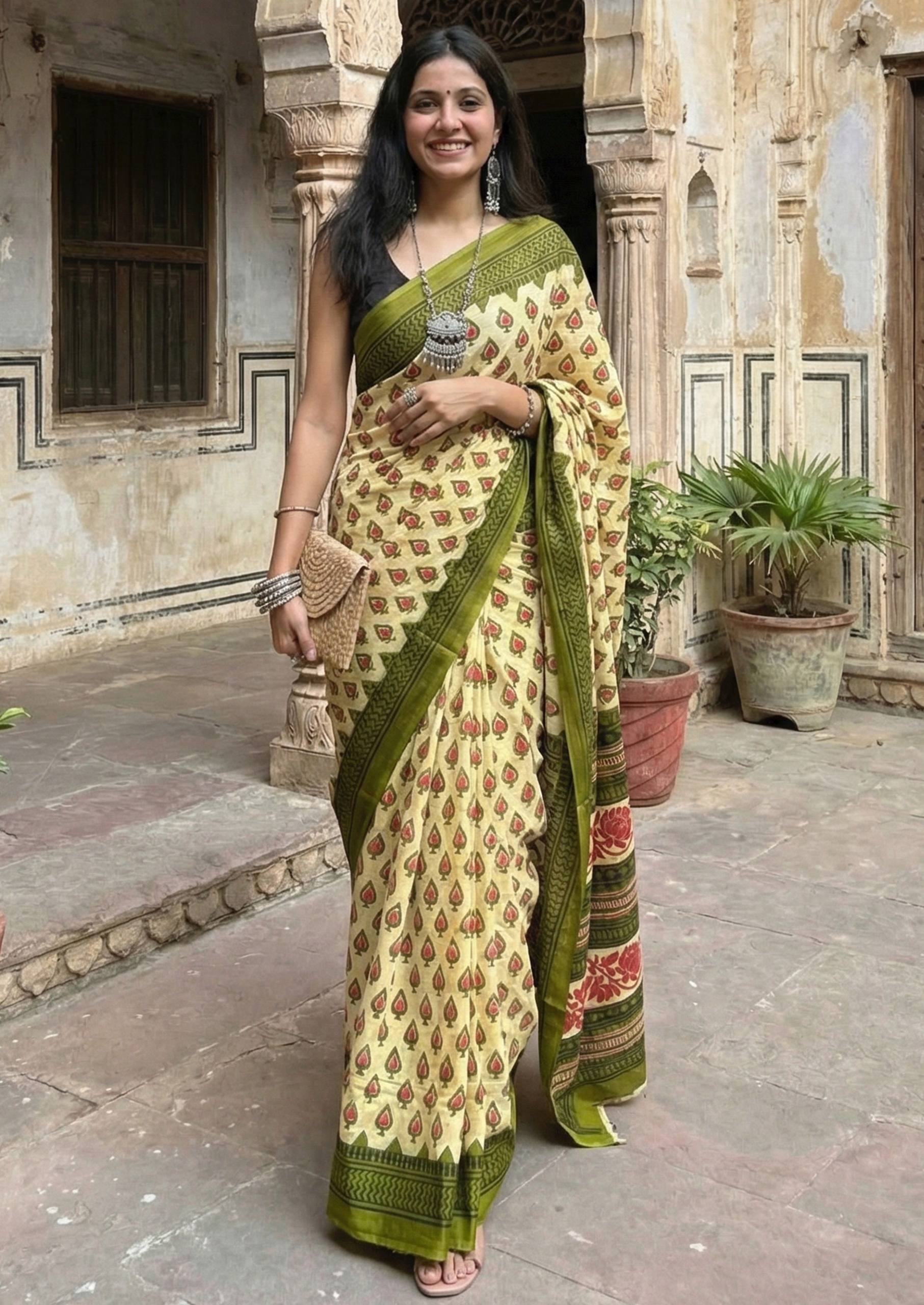 PURE SOFT COTTON HAND BAGRU BLOCK PRINT CREAM SAREE WITH BLOUSE