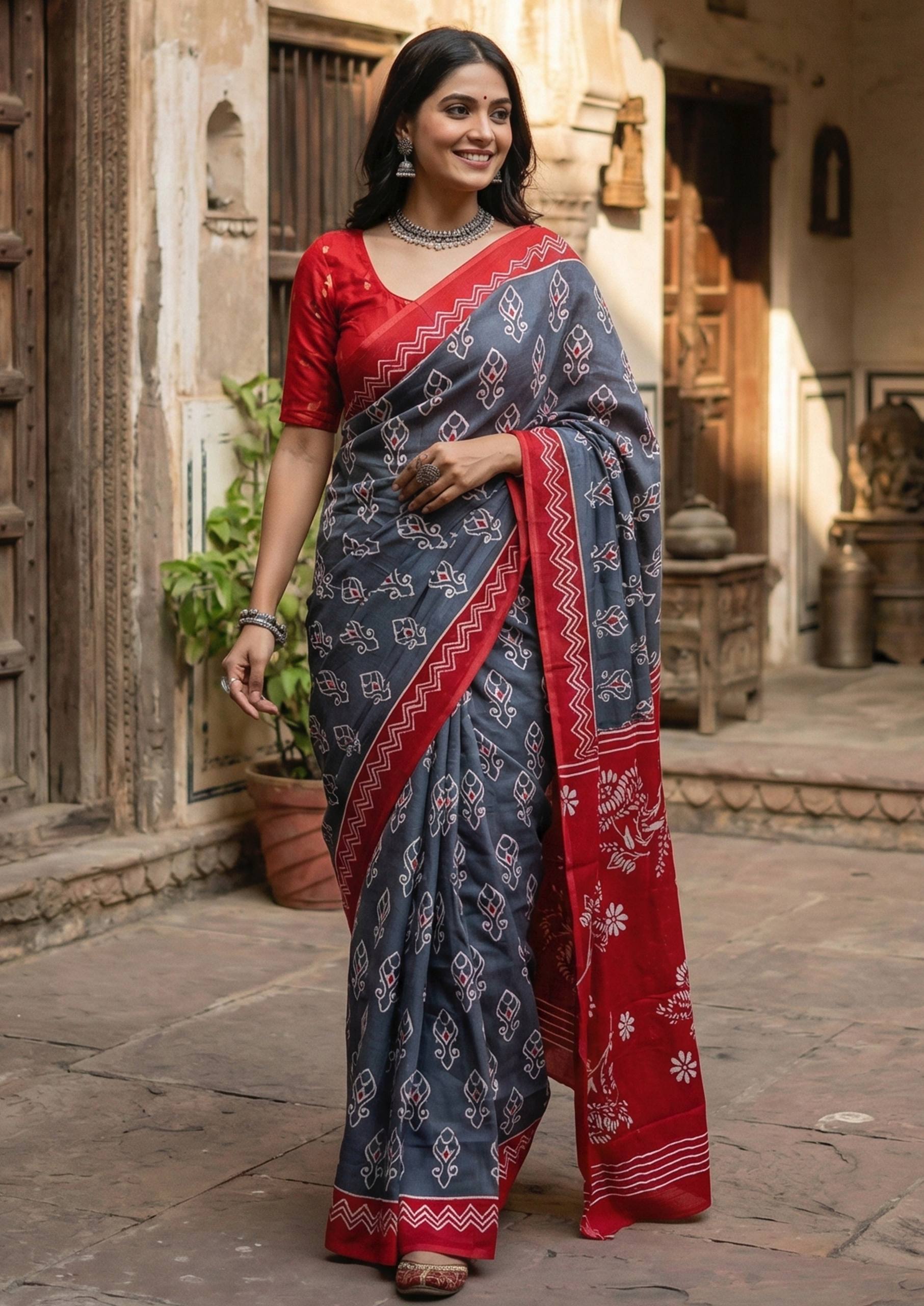 PURE SOFT COTTON HAND BAGRU BLOCK PRINT GREY SAREE WITH BLOUSE