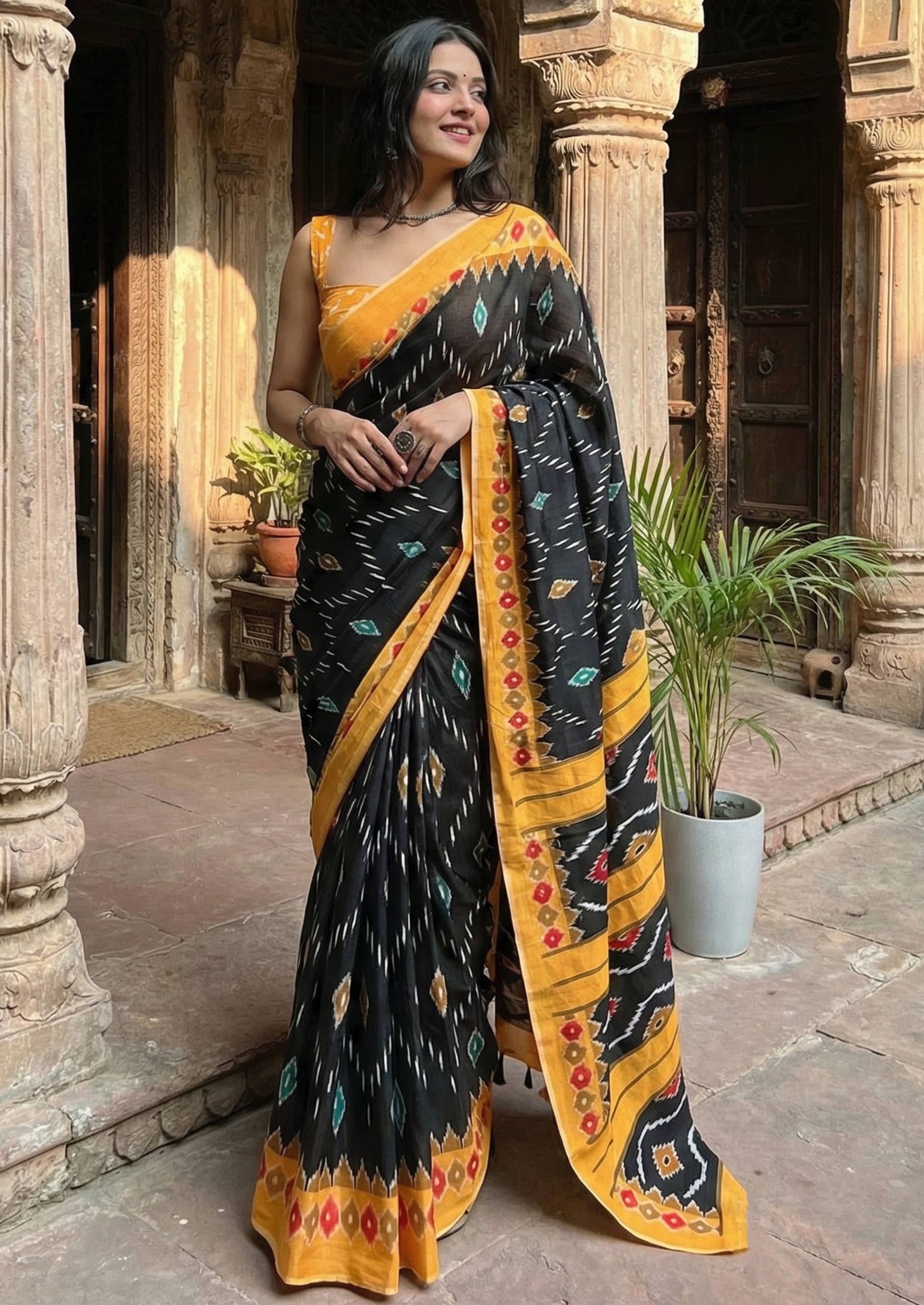 PURE SOFT COTTON HAND BAGRU BLOCK PRINT YELLOW SAREE WITH BLOUSE