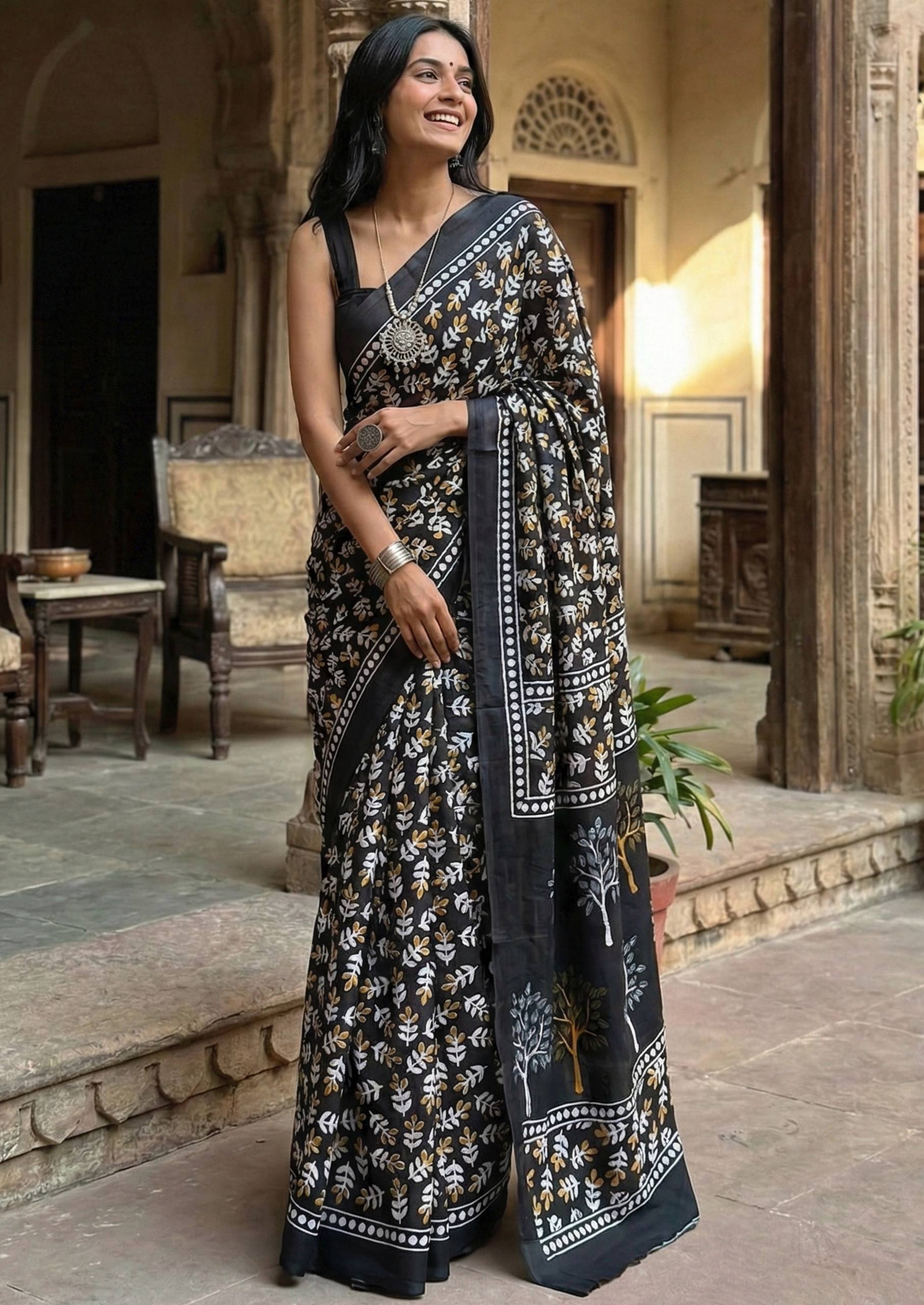 PURE SOFT COTTON HAND BAGRU BLOCK PRINT BLACK AND WHITE SAREE WITH BLOUSE