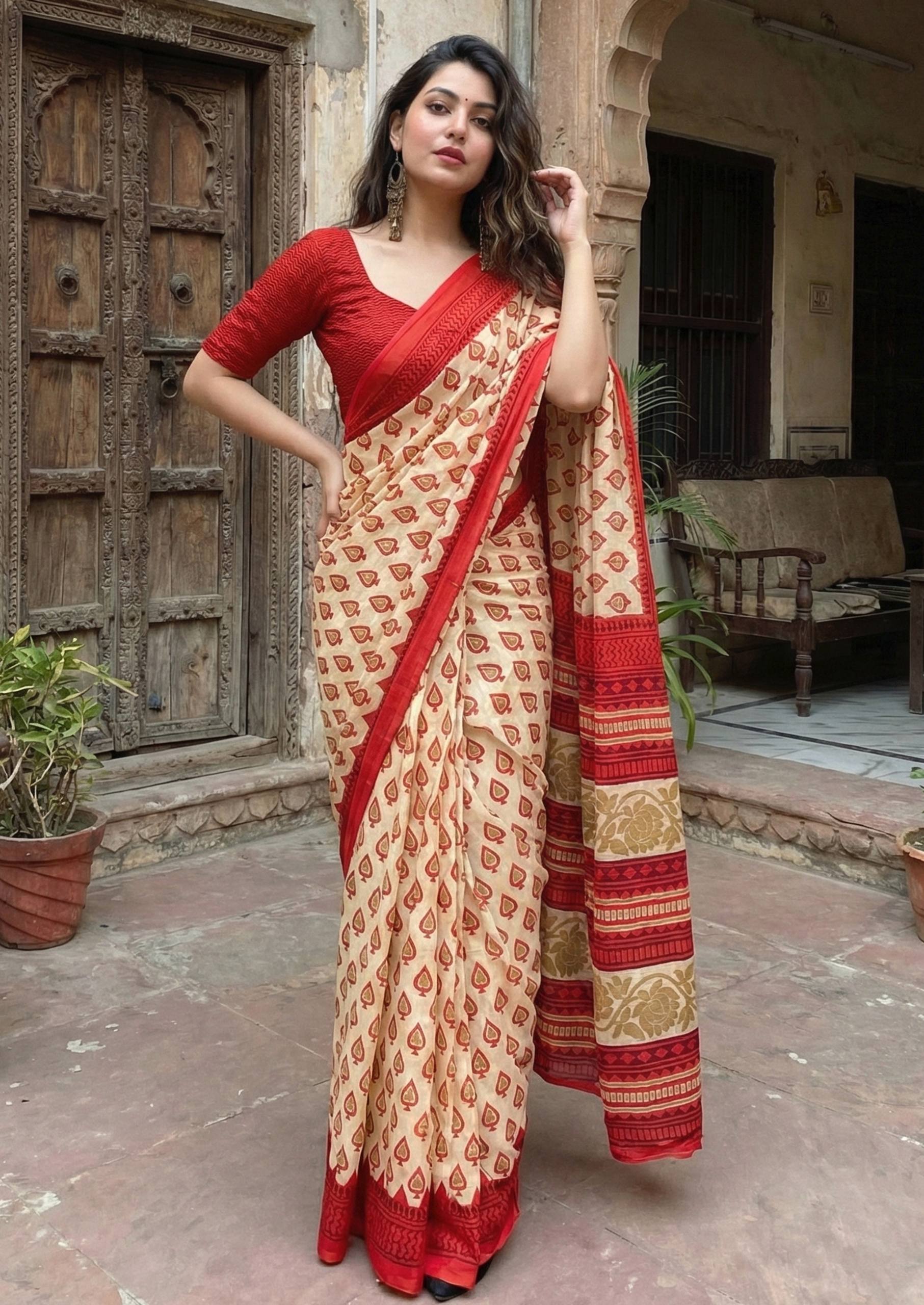 PURE SOFT COTTON HAND BAGRU BLOCK PRINT RED SAREE WITH BLOUSE