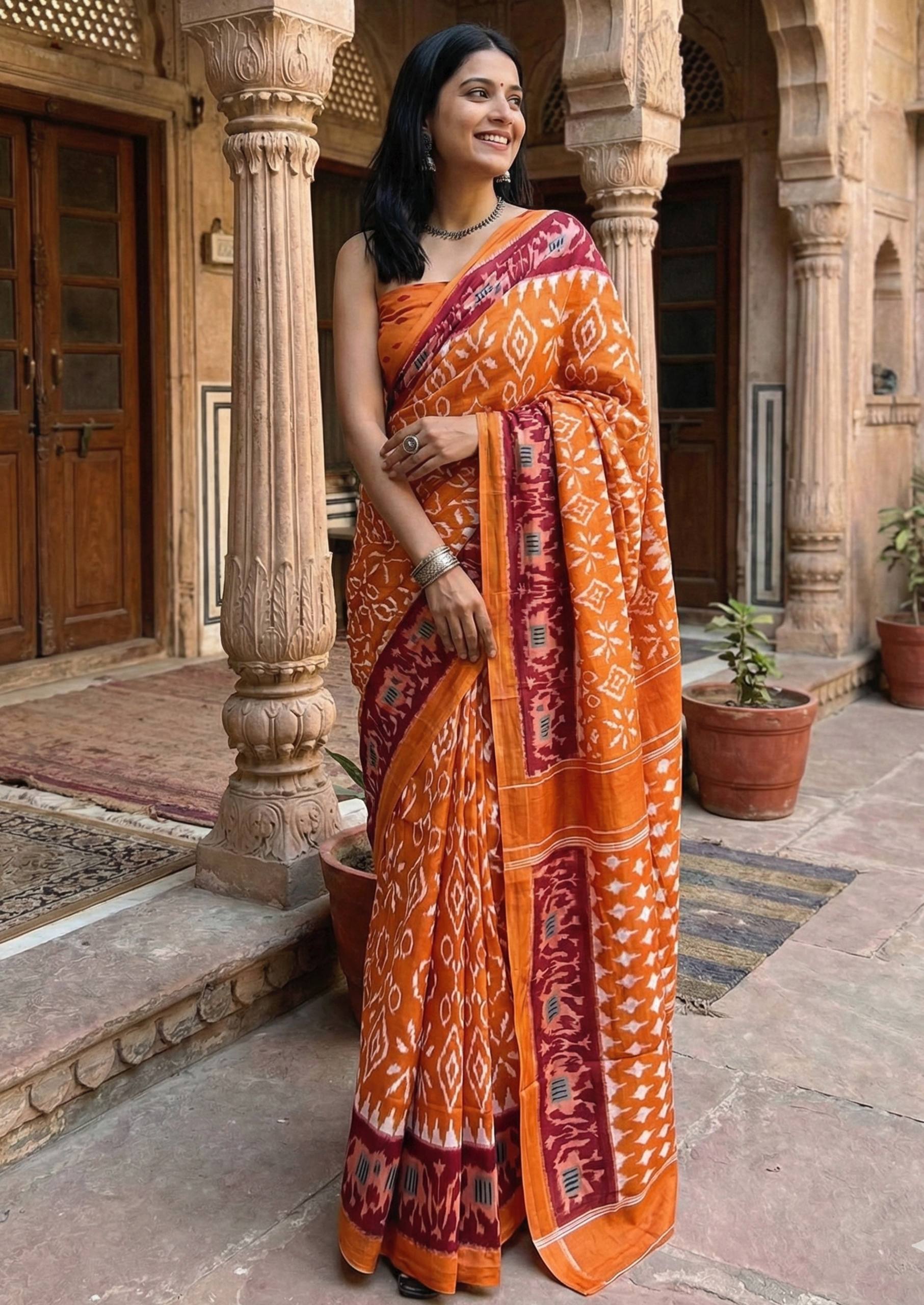 PURE SOFT COTTON HAND BAGRU BLOCK PRINT ORANGE SAREE WITH BLOUSE