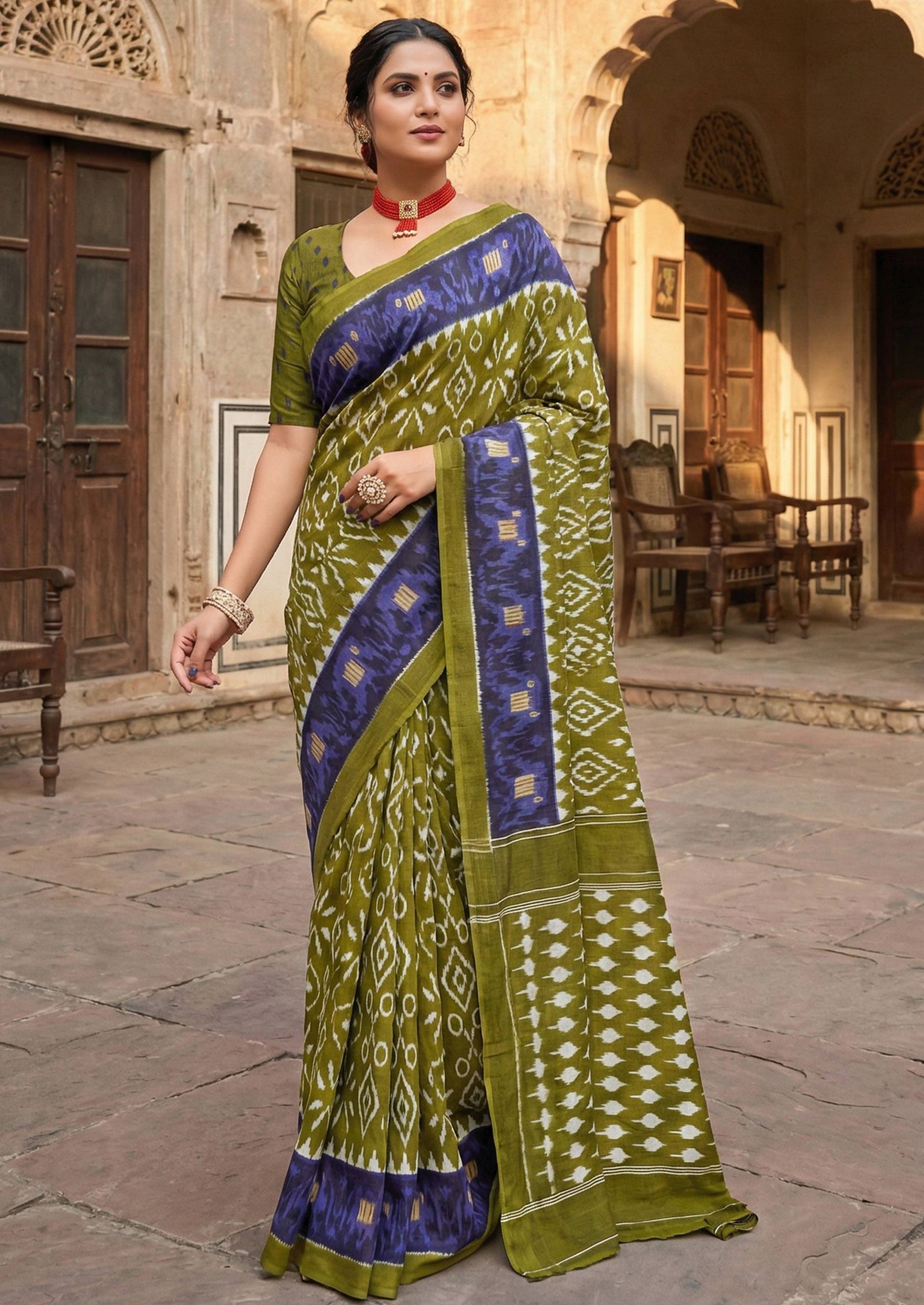 PURE SOFT COTTON HAND BAGRU BLOCK PRINT MEHANDI GREEN SAREE WITH BLOUSE