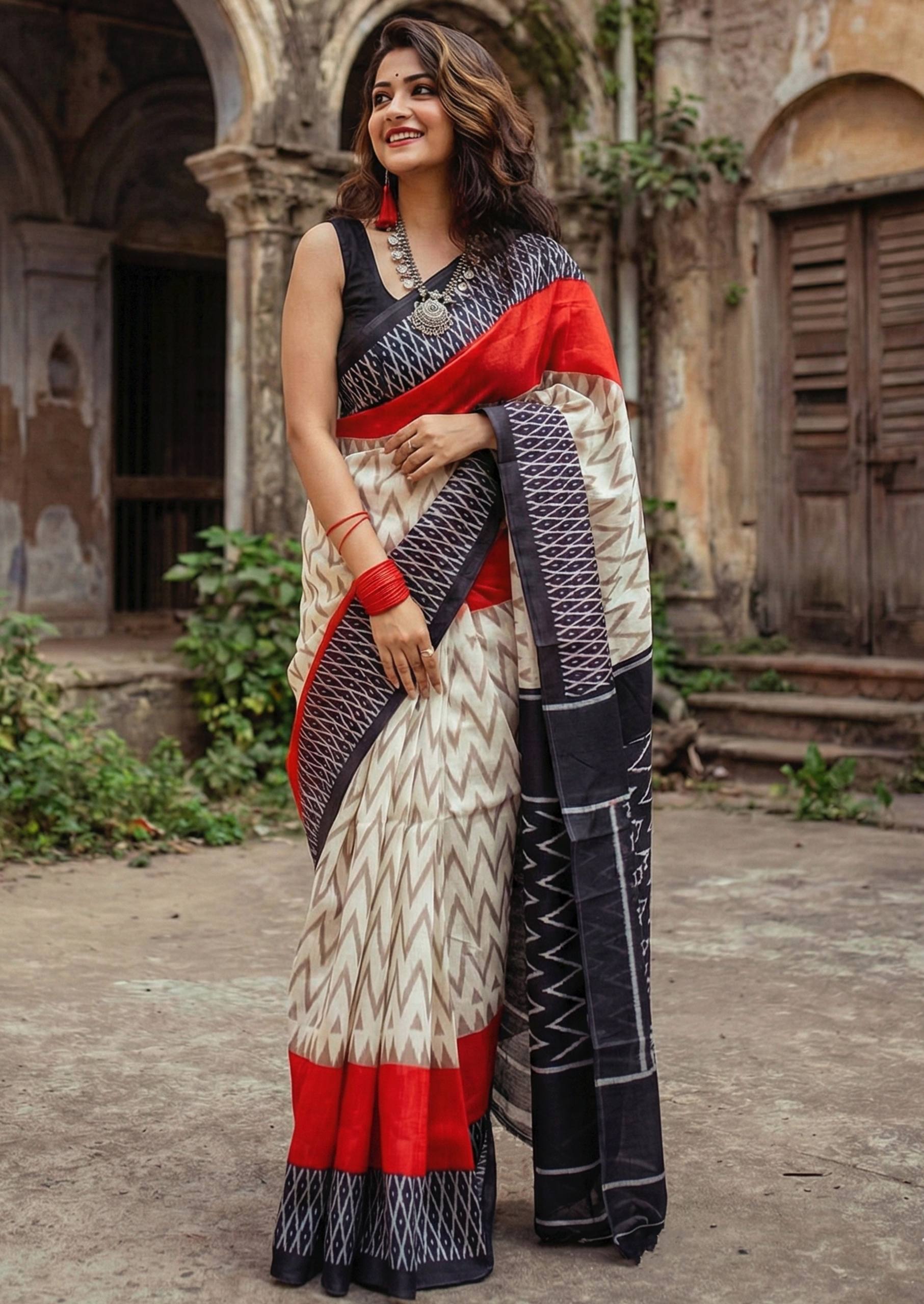 PURE SOFT COTTON HAND BLOCK BAGRU PRINT BEIGE AND RED SAREE WITH BLOUSE