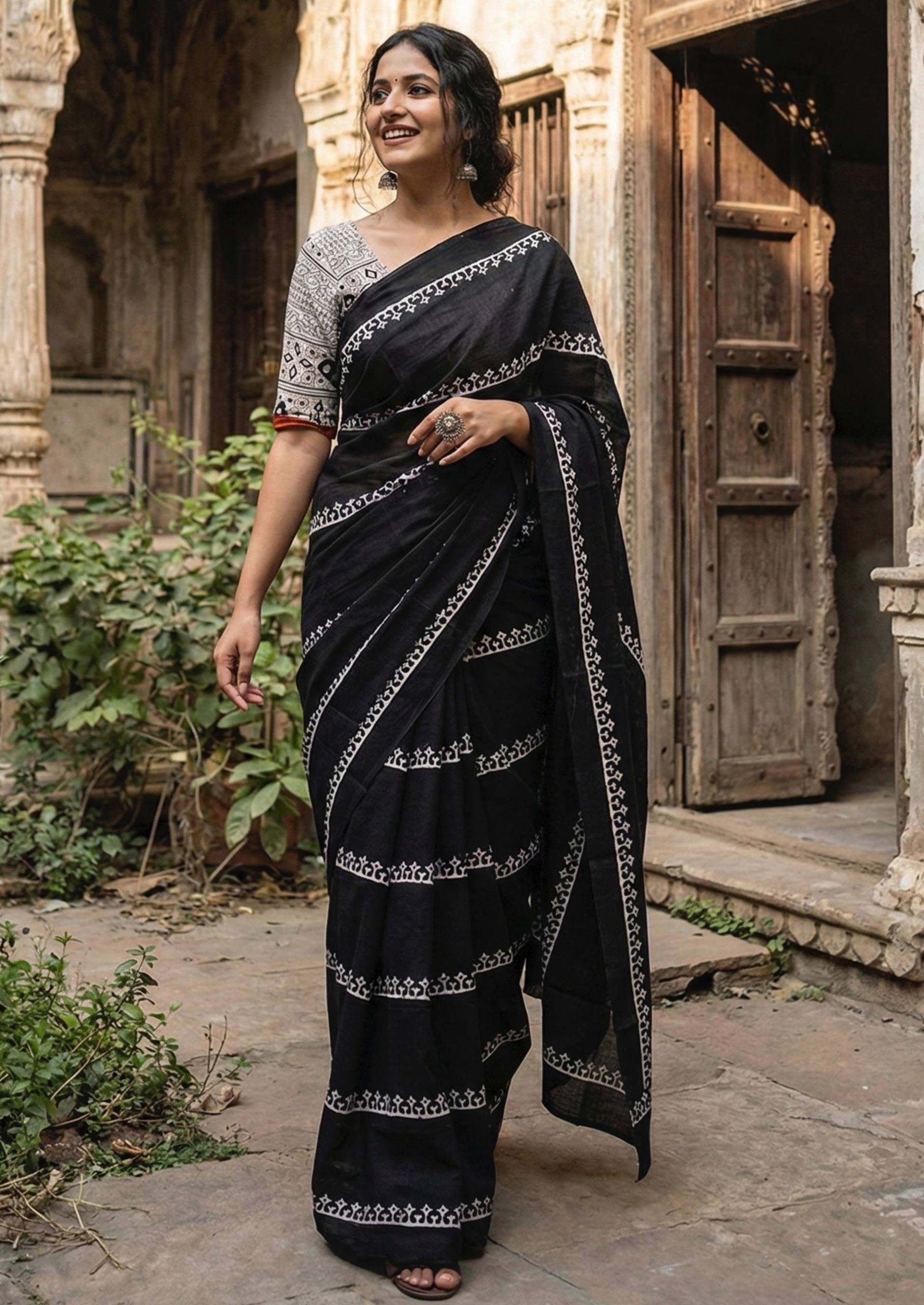 PURE SOFT COTTON HAND BLOCK BAGRU PRINT BLACK SAREE WITH BLOUSE