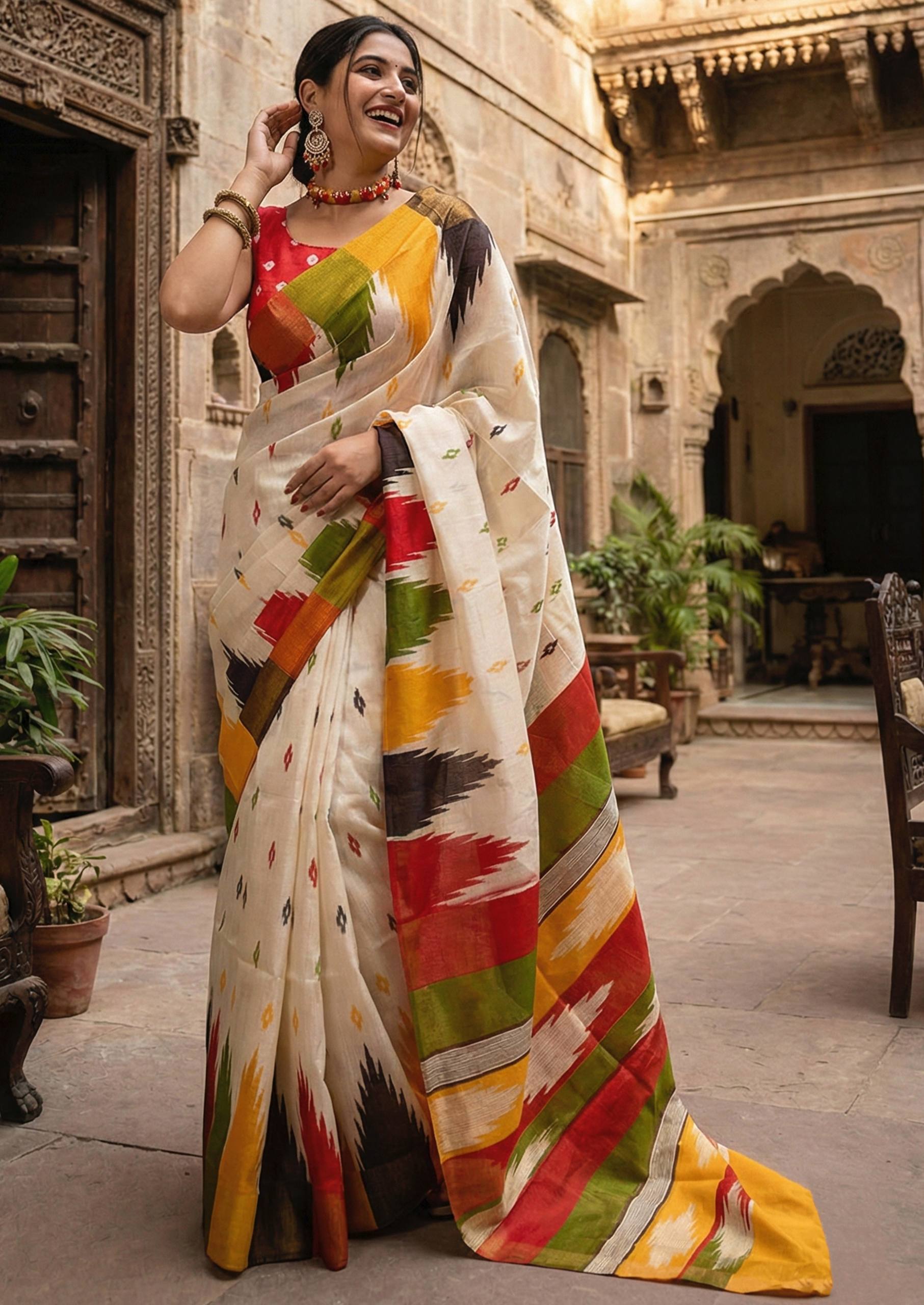 PURE SOFT COTTON HAND BLOCK BAGRU PRINT RED AND WHITE SAREE WITH BLOUSE