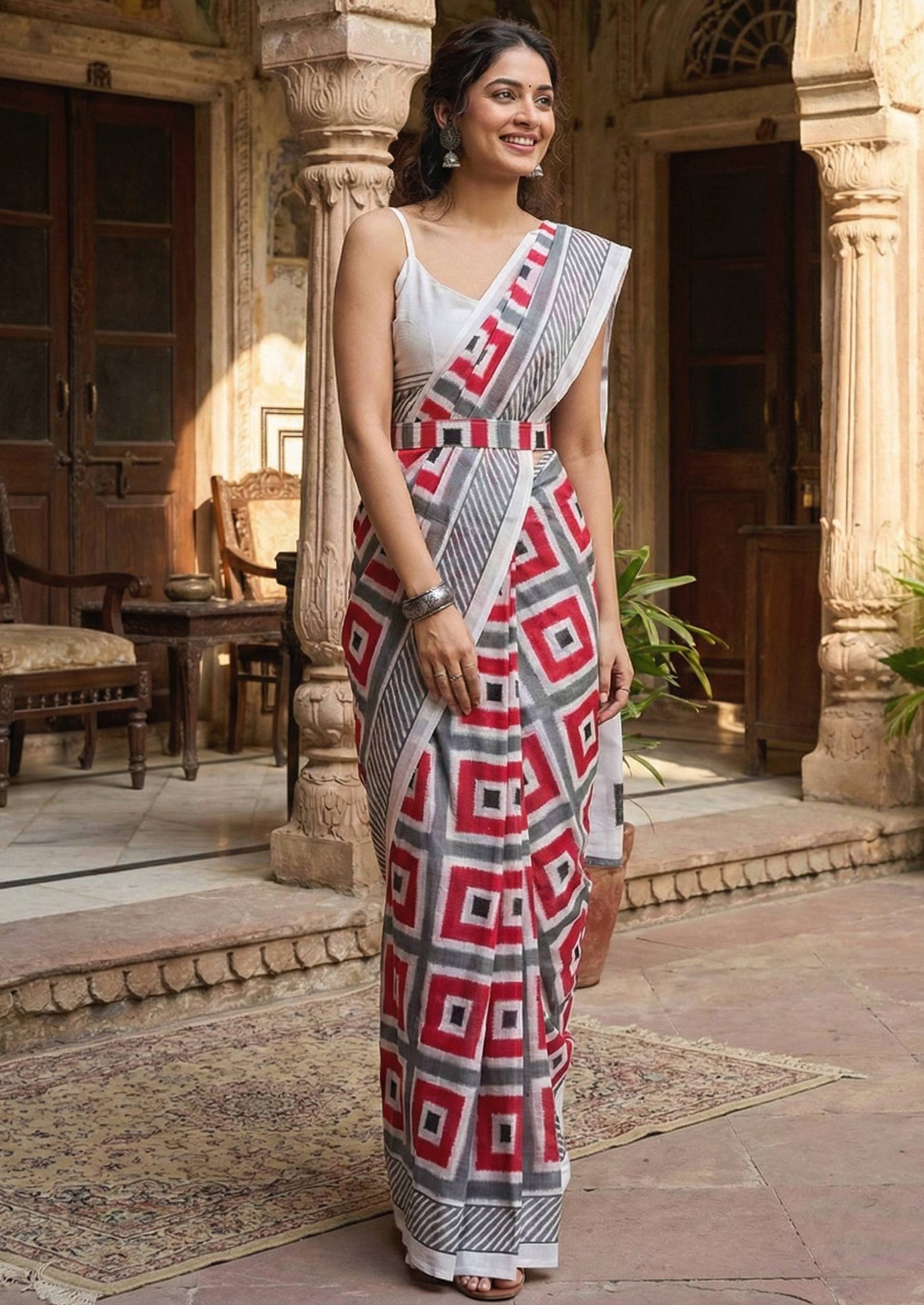 PURE SOFT COTTON HAND BLOCK BAGRU PRINT GREY SAREE WITH BLOUSE