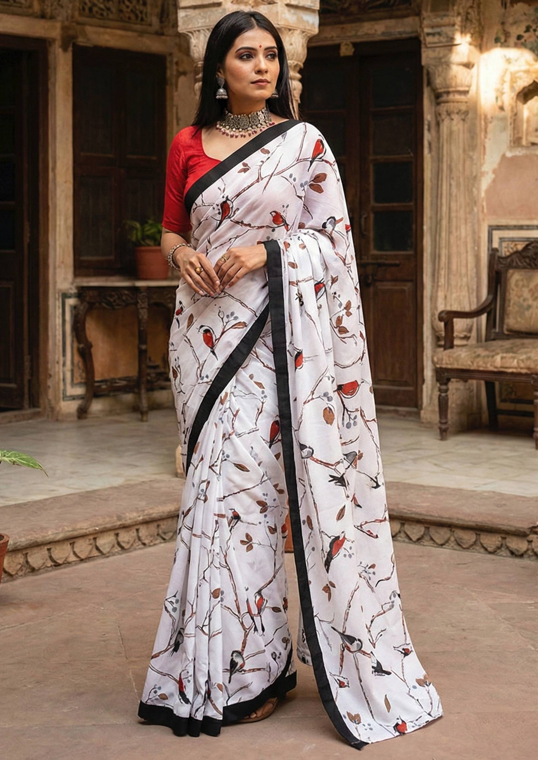 PURE SOFT COTTON HAND BLOCK BAGRU PRINT WHITE AND BLACK SAREE WITH BLOUSE