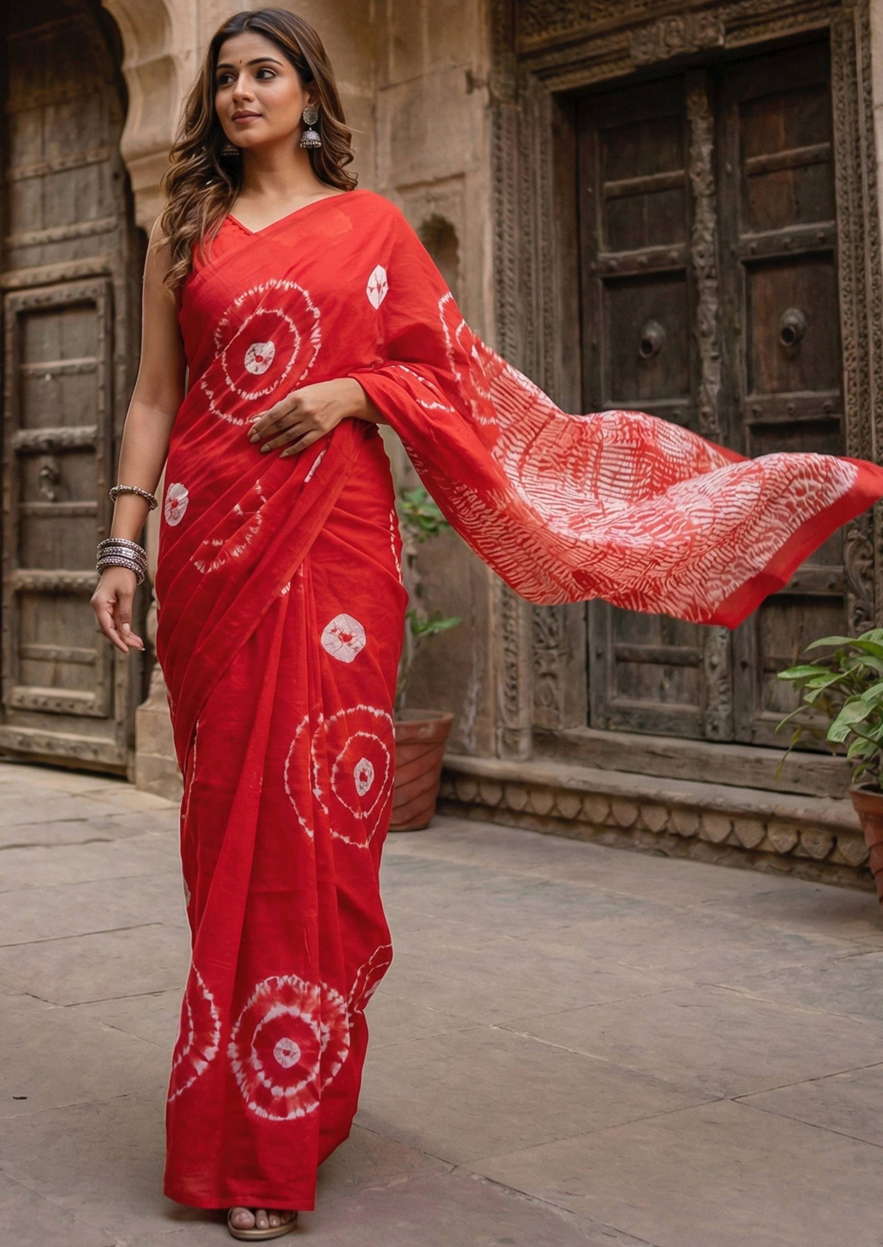 PURE SOFT COTTON HAND BLOCK BAGRU PRINT RED SAREE WITH BLOUSE