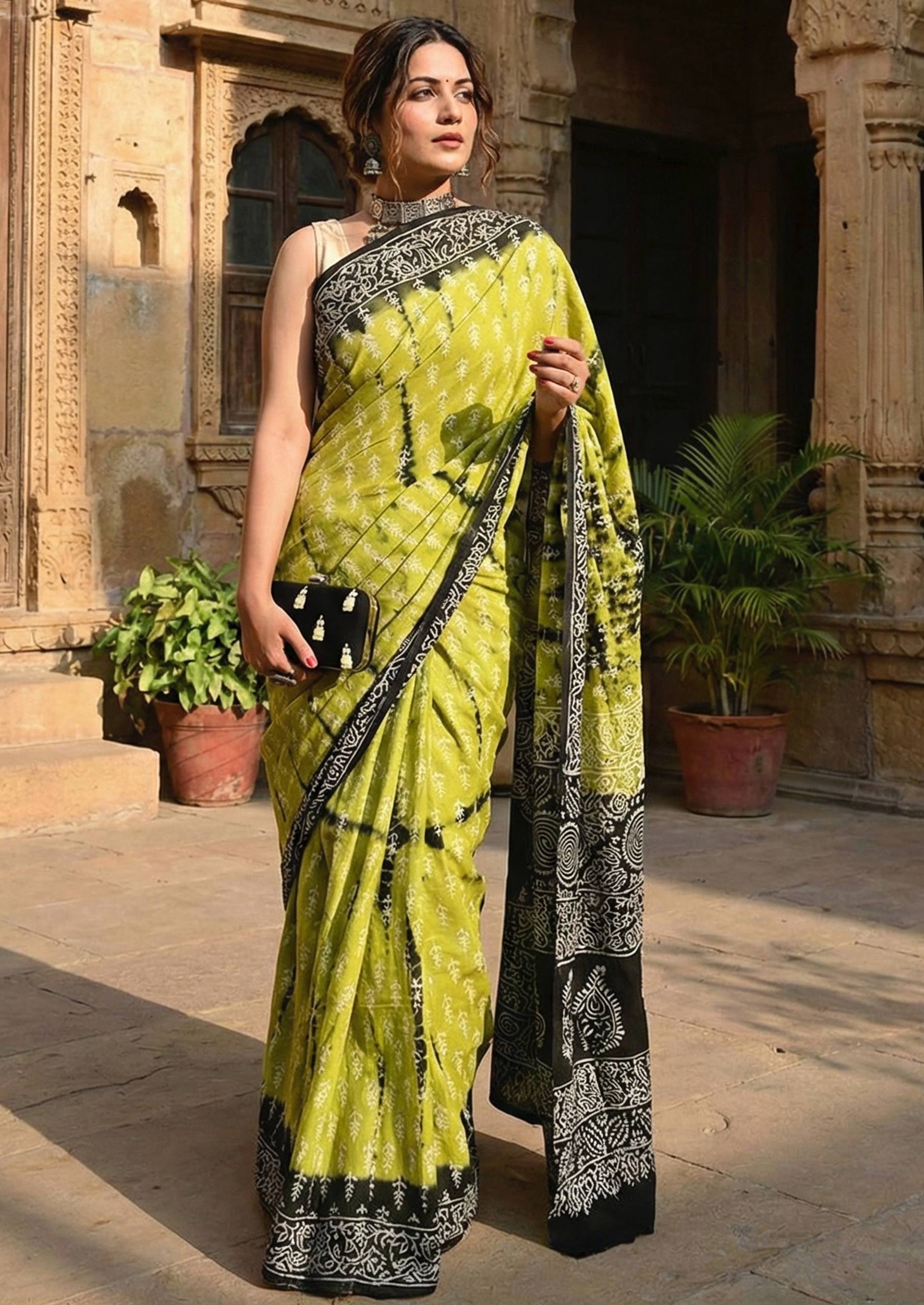 PURE SOFT COTTON HAND BLOCK BAGRU PRINT MEHANDI GREEN SAREE WITH BLOUSE