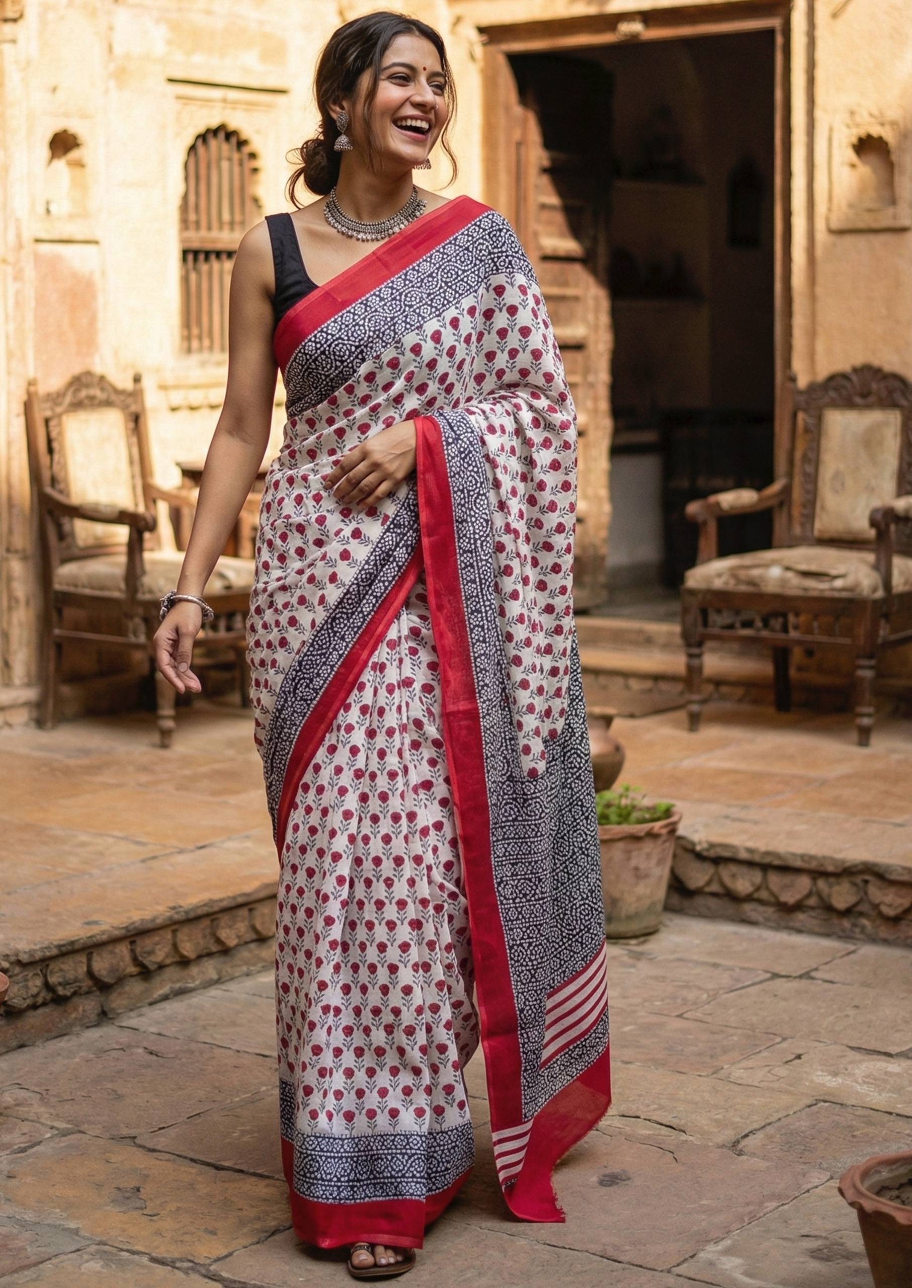 PURE SOFT COTTON HAND BLOCK BAGRU PRINT RED AND BEIGE SAREE WITH BLOUSE