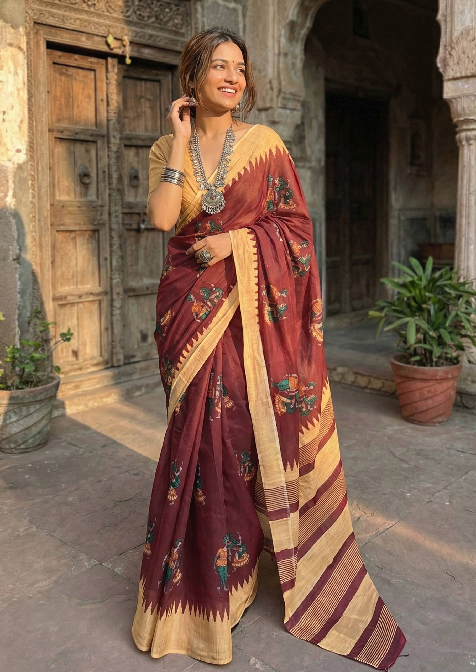 PURE SOFT COTTON HAND BAGRU BLOCK PRINT MAROON SAREE WITH BLOUSE