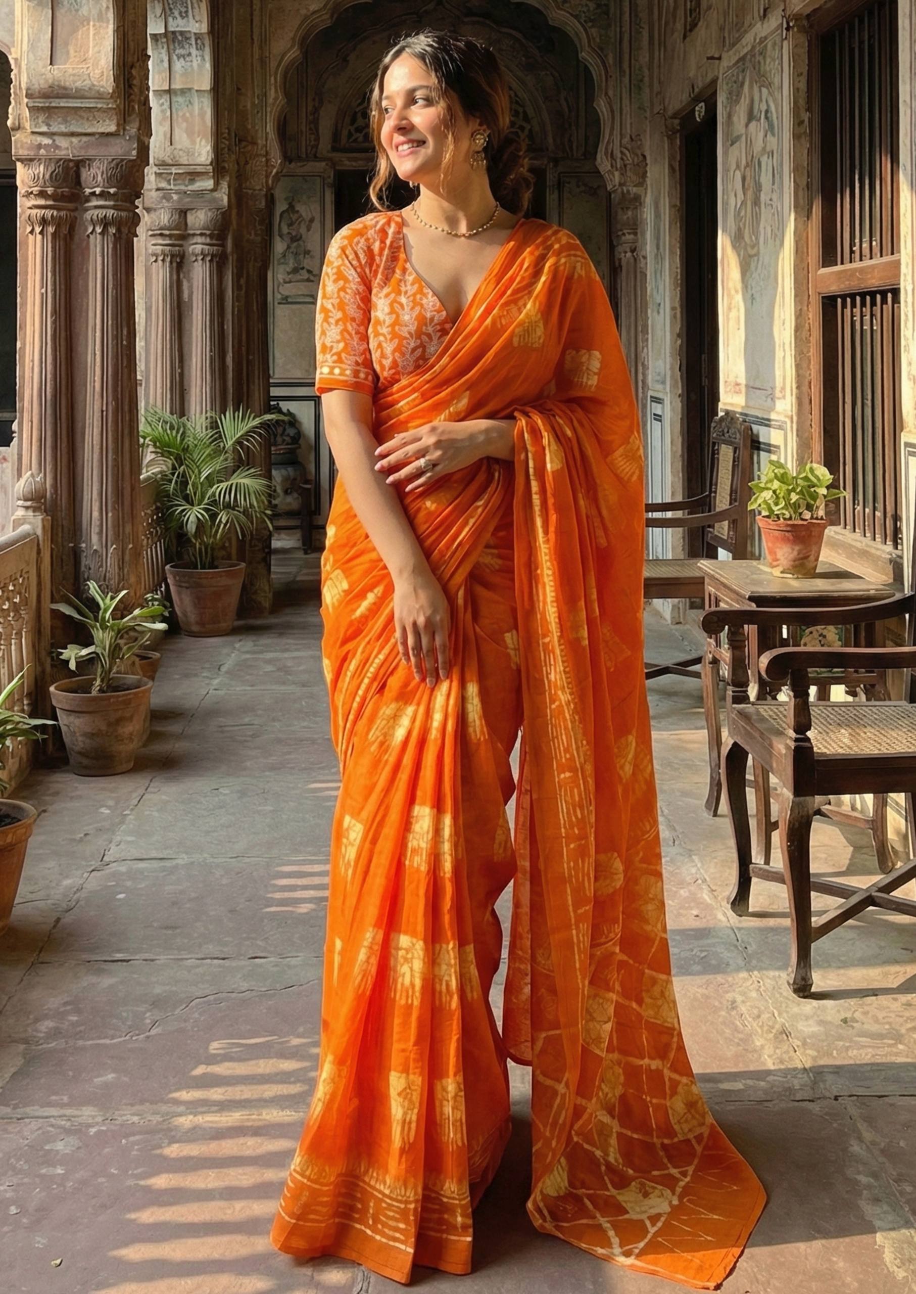 PURE SOFT COTTON HAND BAGRU BLOCK PRINT ORANGE SAREE WITH BLOUSE