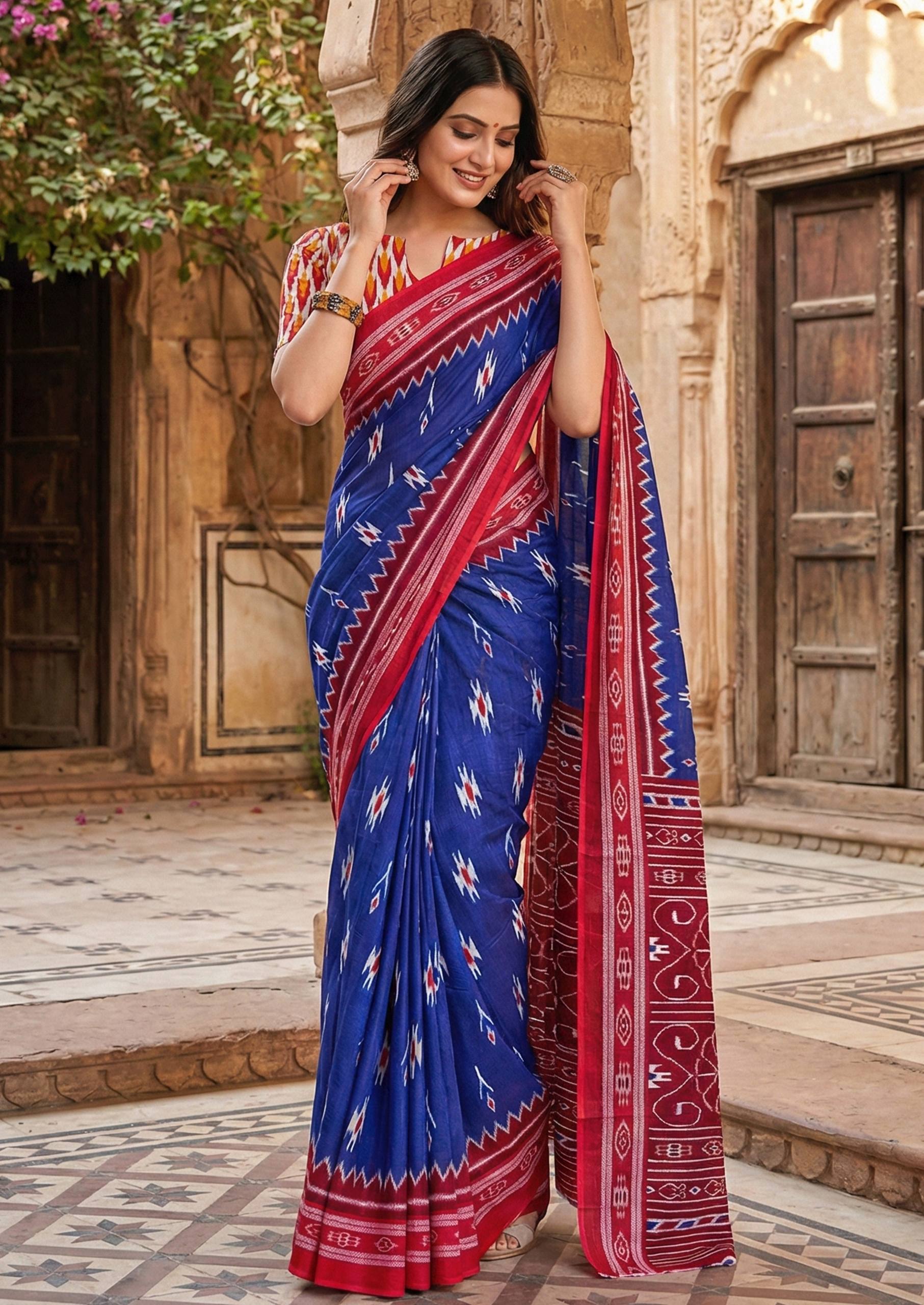 PURE SOFT COTTON HAND BAGRU BLOCK PRINT BLUE SAREE WITH BLOUSE