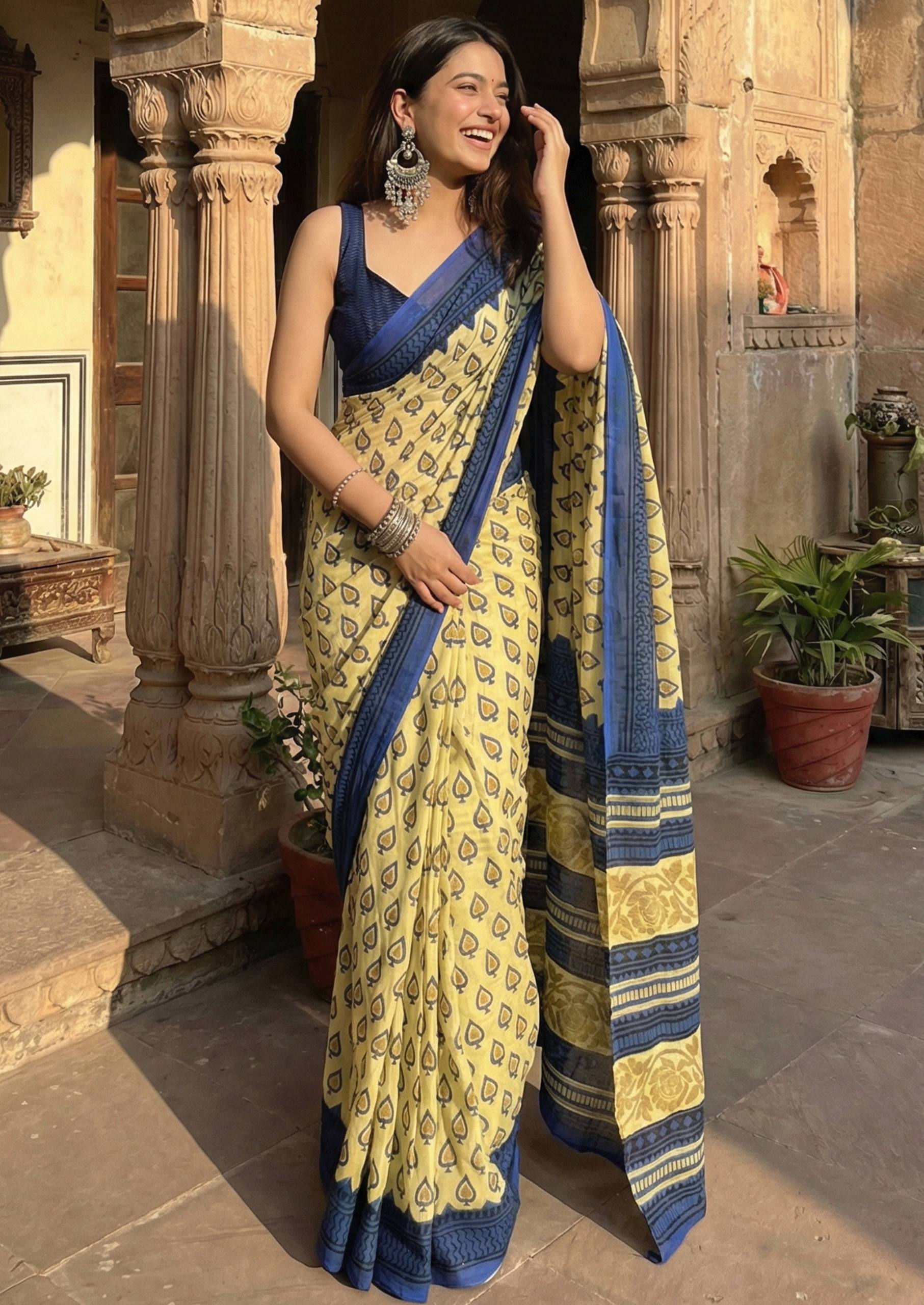 PURE SOFT COTTON HAND BAGRU BLOCK PRINT MUSTURD SAREE WITH BLOUSE