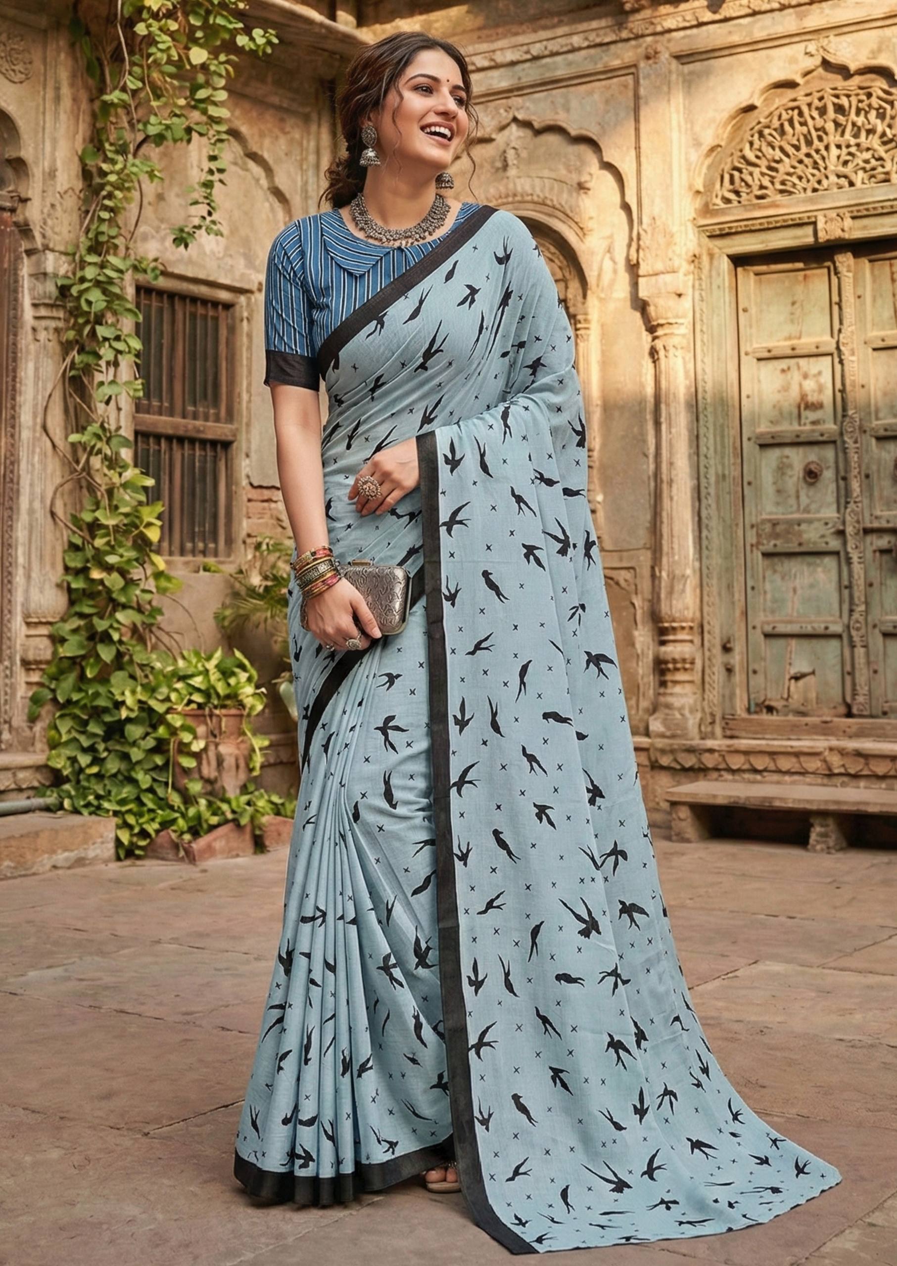 PURE SOFT COTTON HAND BAGRU BLOCK PRINT GREY SAREE WITH BLOUSE