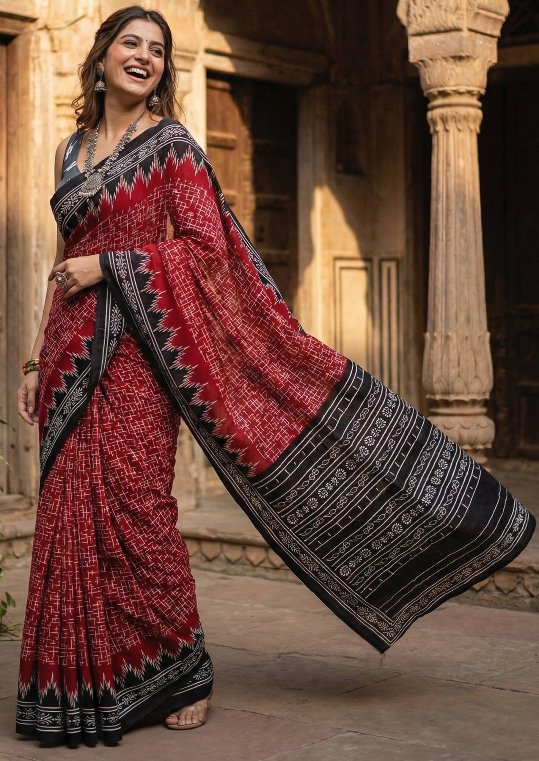 PURE SOFT COTTON HAND BAGRU BLOCK PRINT RED SAREE WITH BLOUSE
