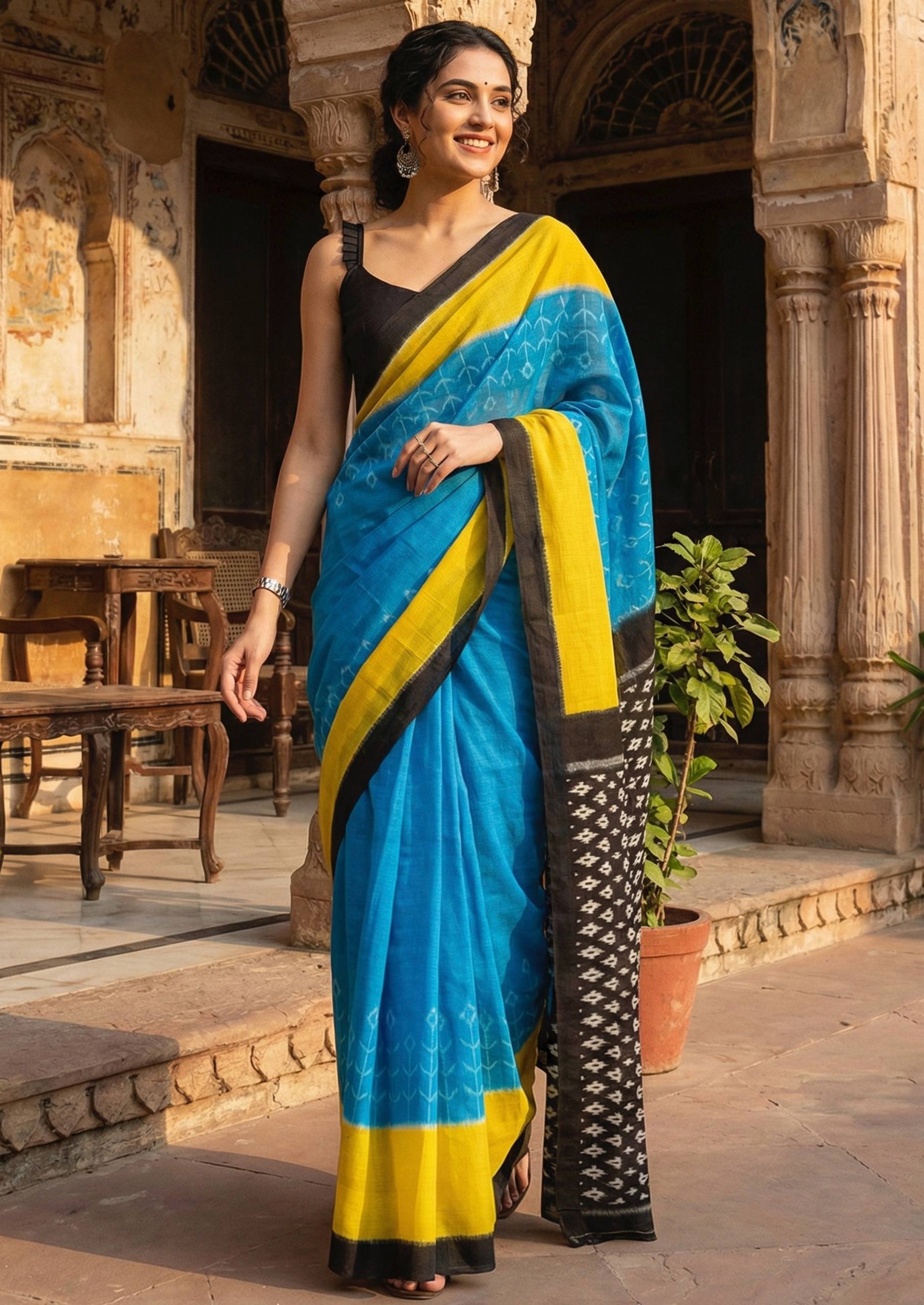 PURE SOFT COTTON HAND BAGRU BLOCK PRINT BLUE AND BLACK SAREE WITH BLOUSE