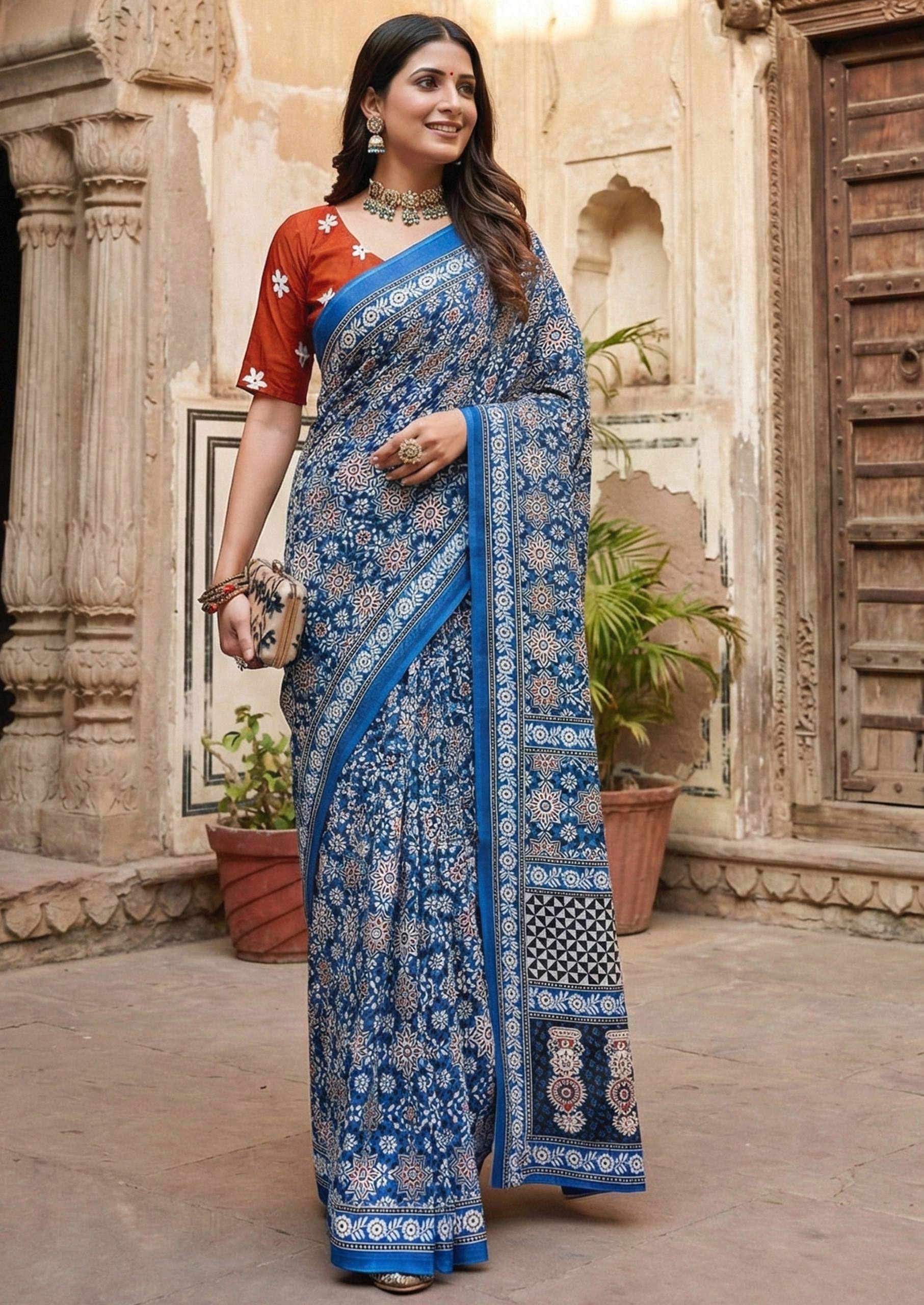PURE SOFT COTTON HAND BAGRU BLOCK PRINT BLUE SAREE WITH BLOUSE