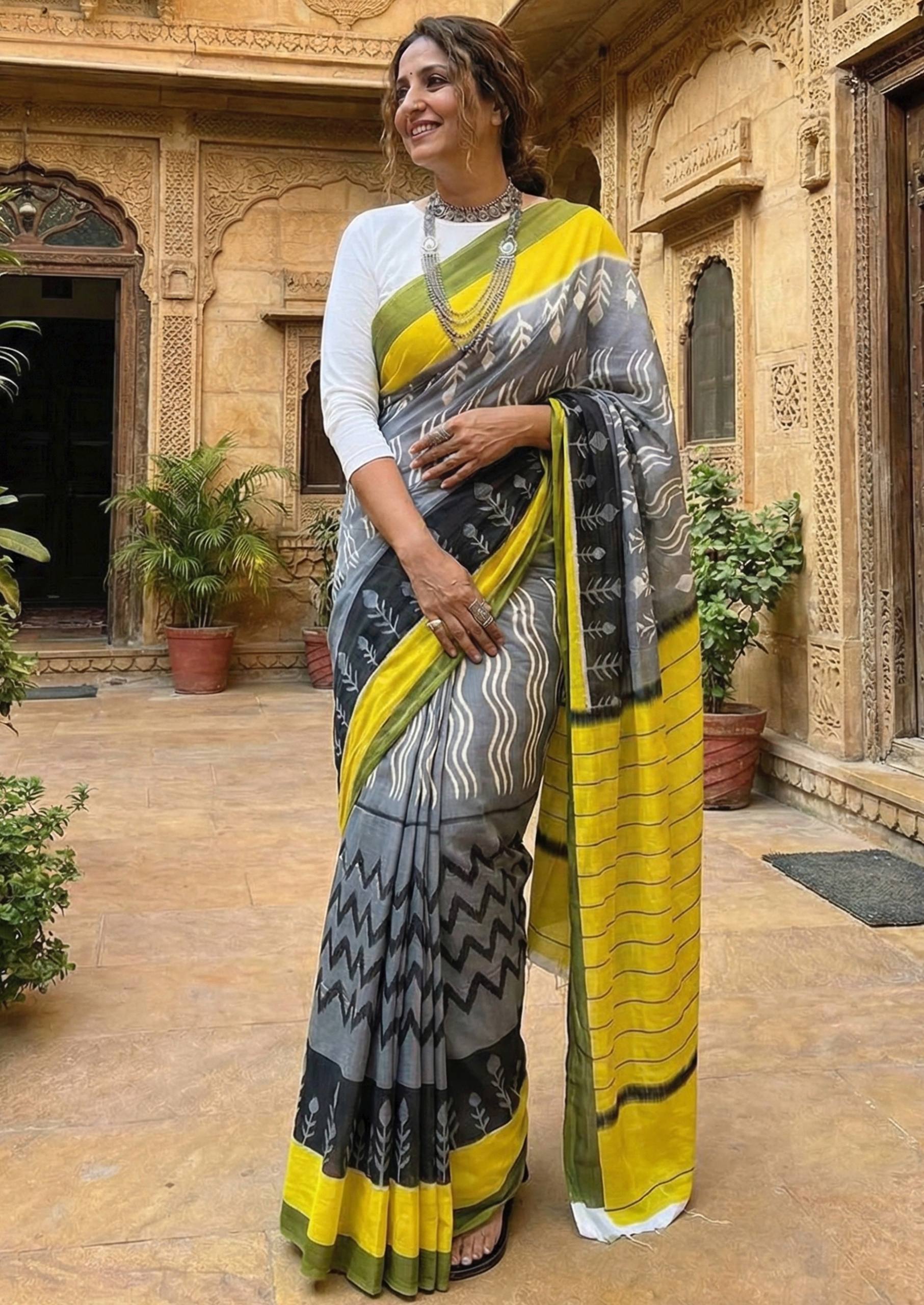 PURE SOFT COTTON HAND BAGRU BLOCK PRINT GREY AND YELLOW SAREE WITH BLOUSE