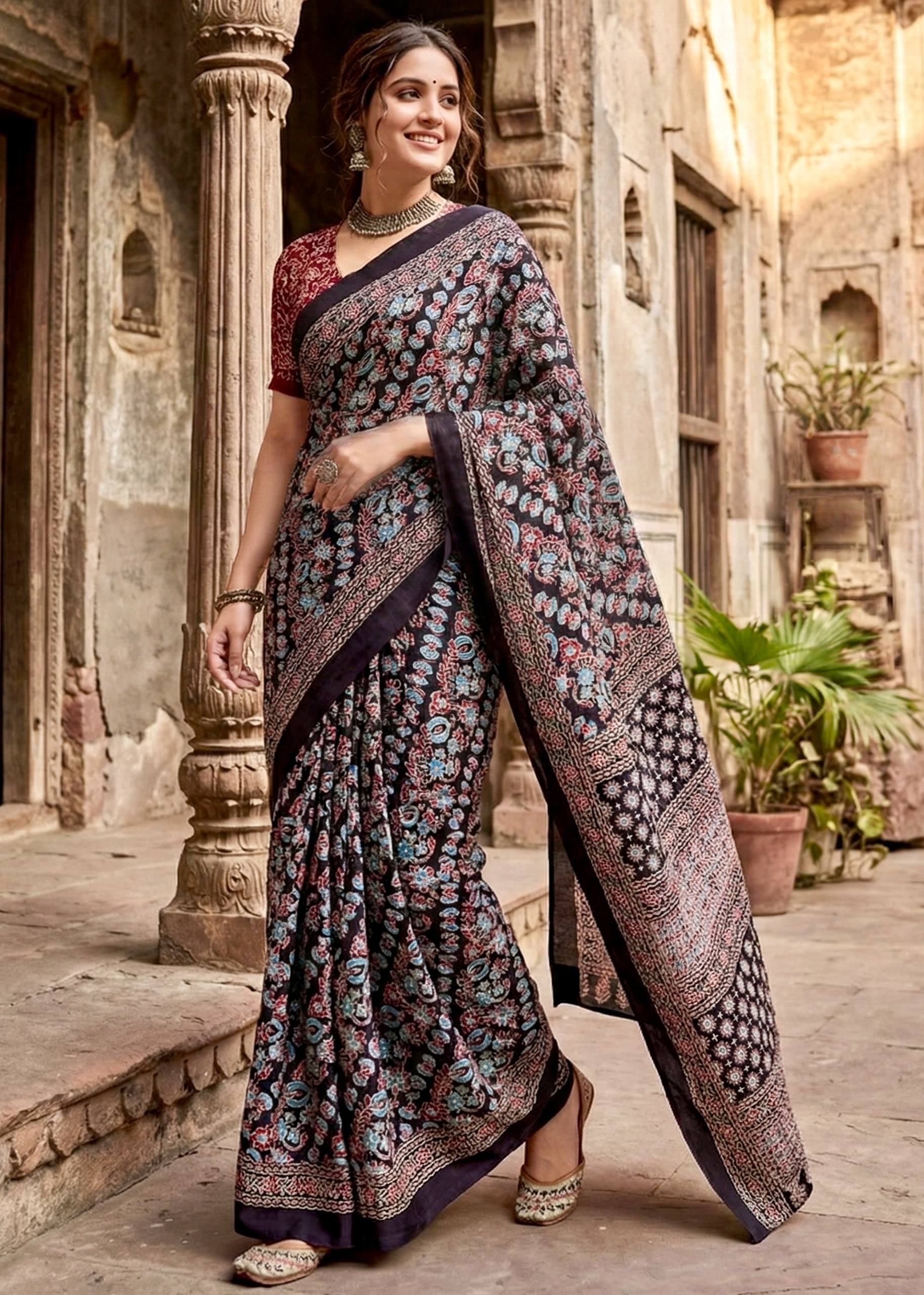 PURE SOFT COTTON HAND BAGRU BLOCK PRINT INDIGO SAREE WITH BLOUSE