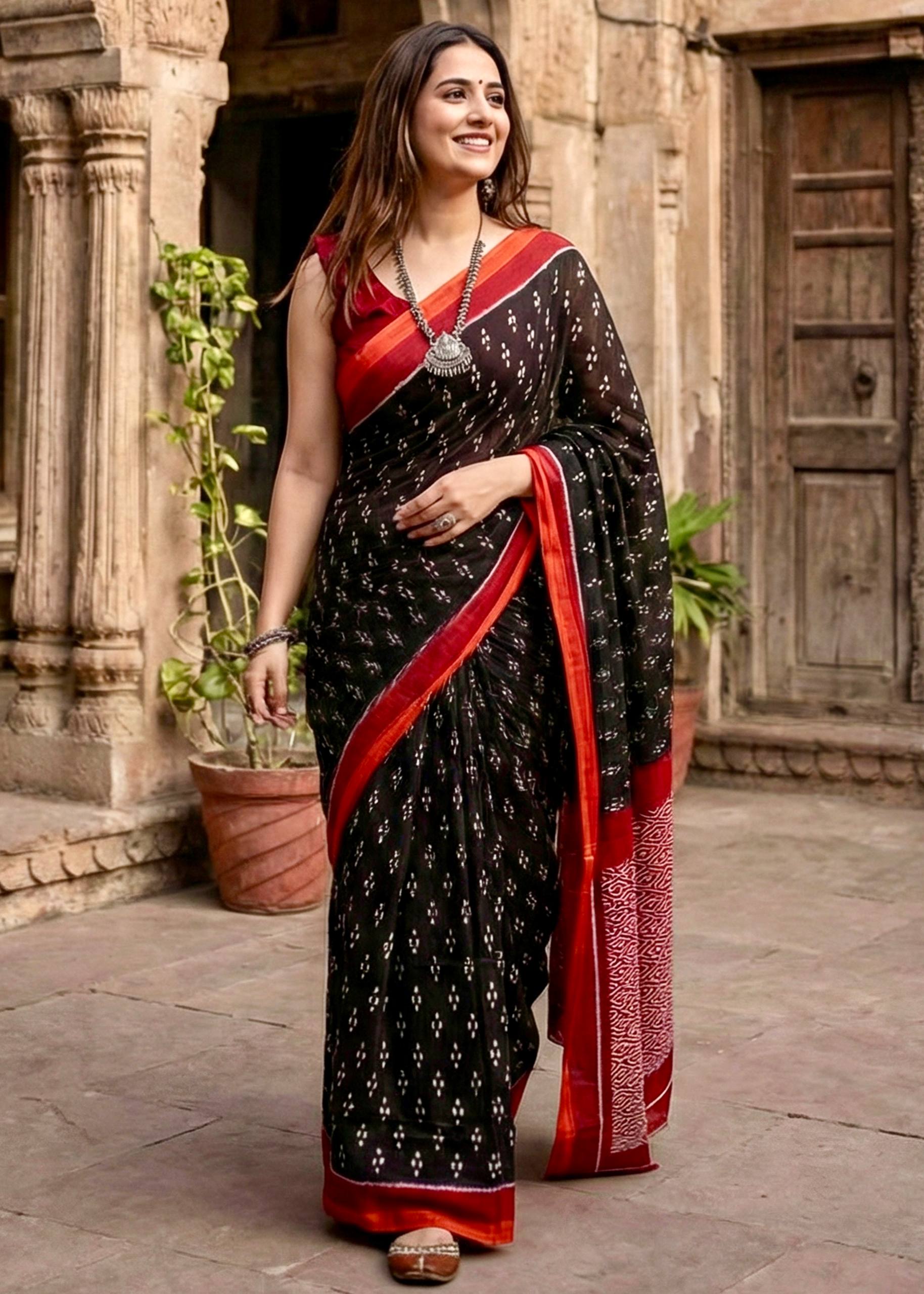 PURE SOFT COTTON HAND BAGRU BLOCK PRINT BLACK SAREE WITH BLOUSE