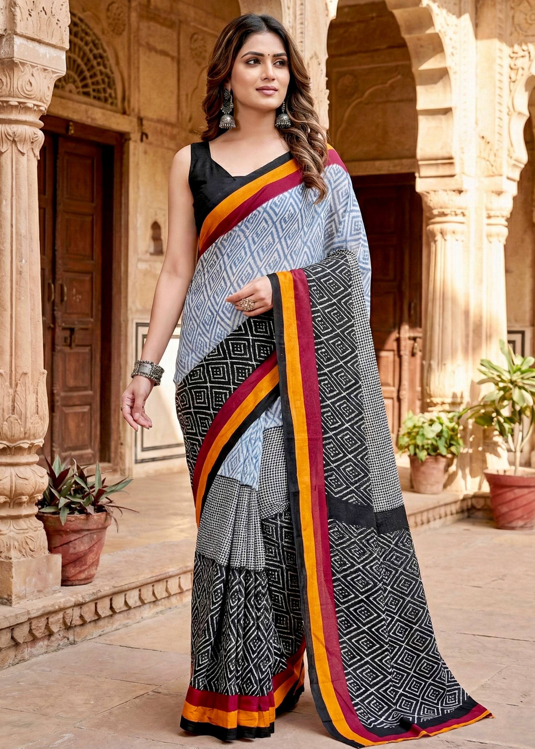 PURE SOFT COTTON HAND BAGRU BLOCK PRINT GREY SAREE WITH BLOUSE
