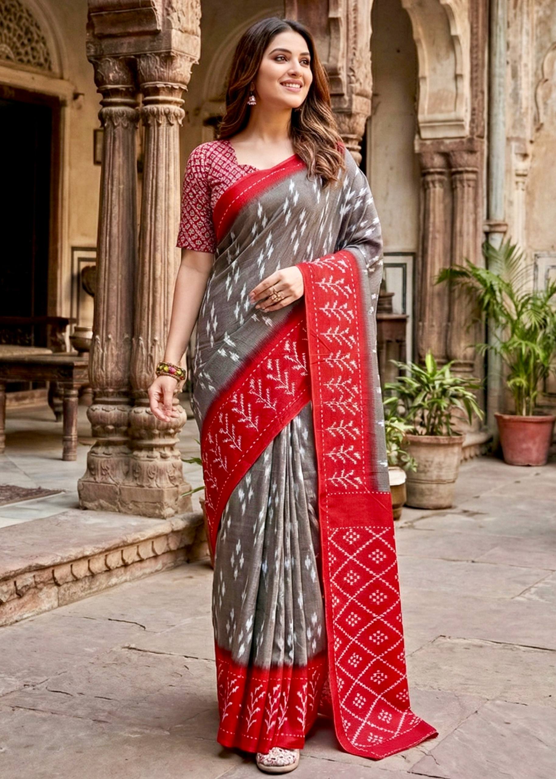 PURE SOFT COTTON HAND BAGRU BLOCK PRINT BROWN SAREE WITH BLOUSE