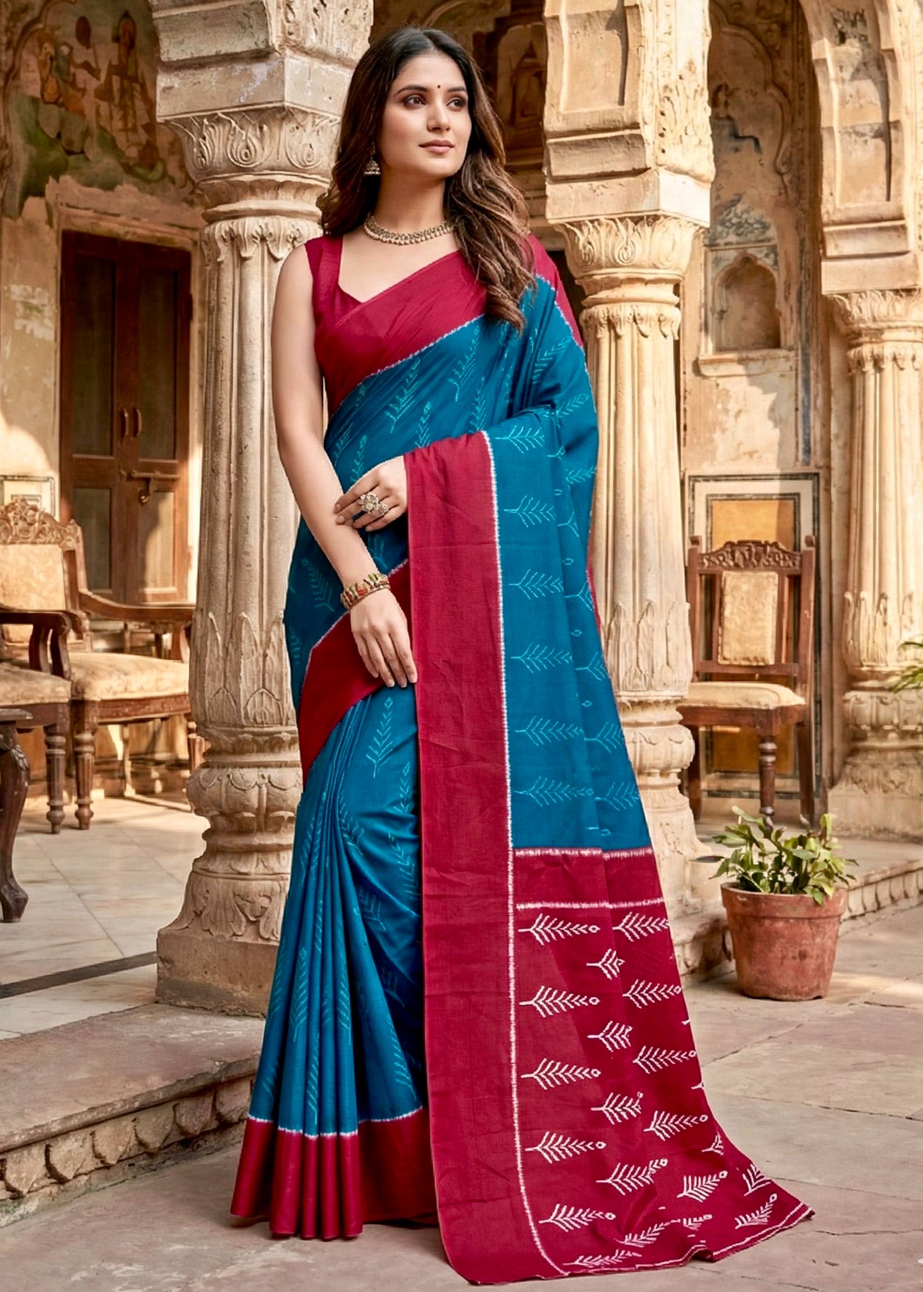 PURE SOFT COTTON HAND BAGRU BLOCK PRINT BLUE SAREE WITH BLOUSE