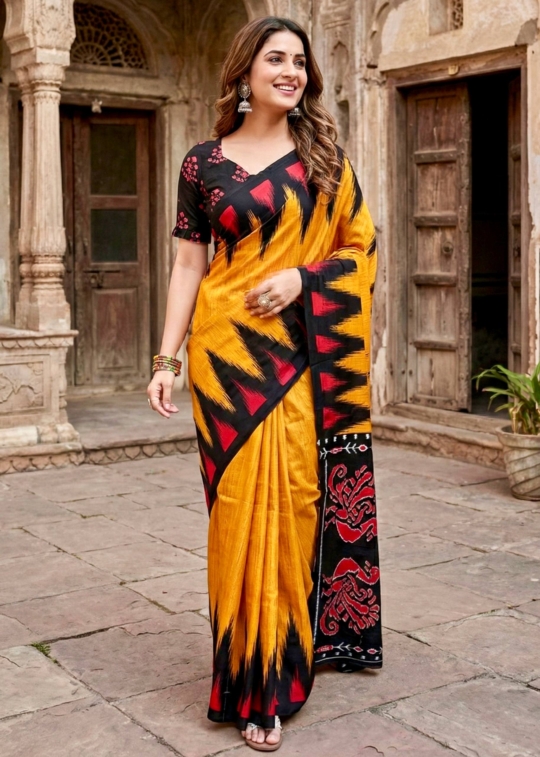 PURE SOFT COTTON HAND BAGRU BLOCK PRINT YELLOW SAREE WITH BLOUSE