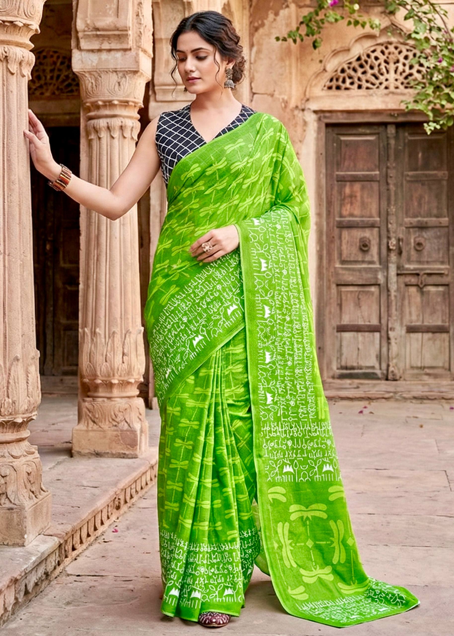 PURE SOFT COTTON HAND BAGRU BLOCK PRINT GREEN SAREE WITH BLOUSE