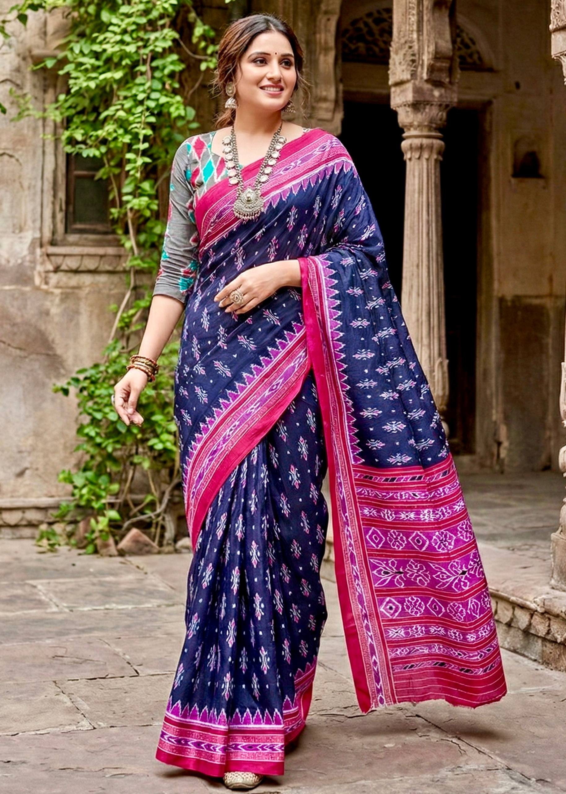 PURE SOFT COTTON HAND BAGRU BLOCK PRINT BLUE AND PINK SAREE WITH BLOUSE