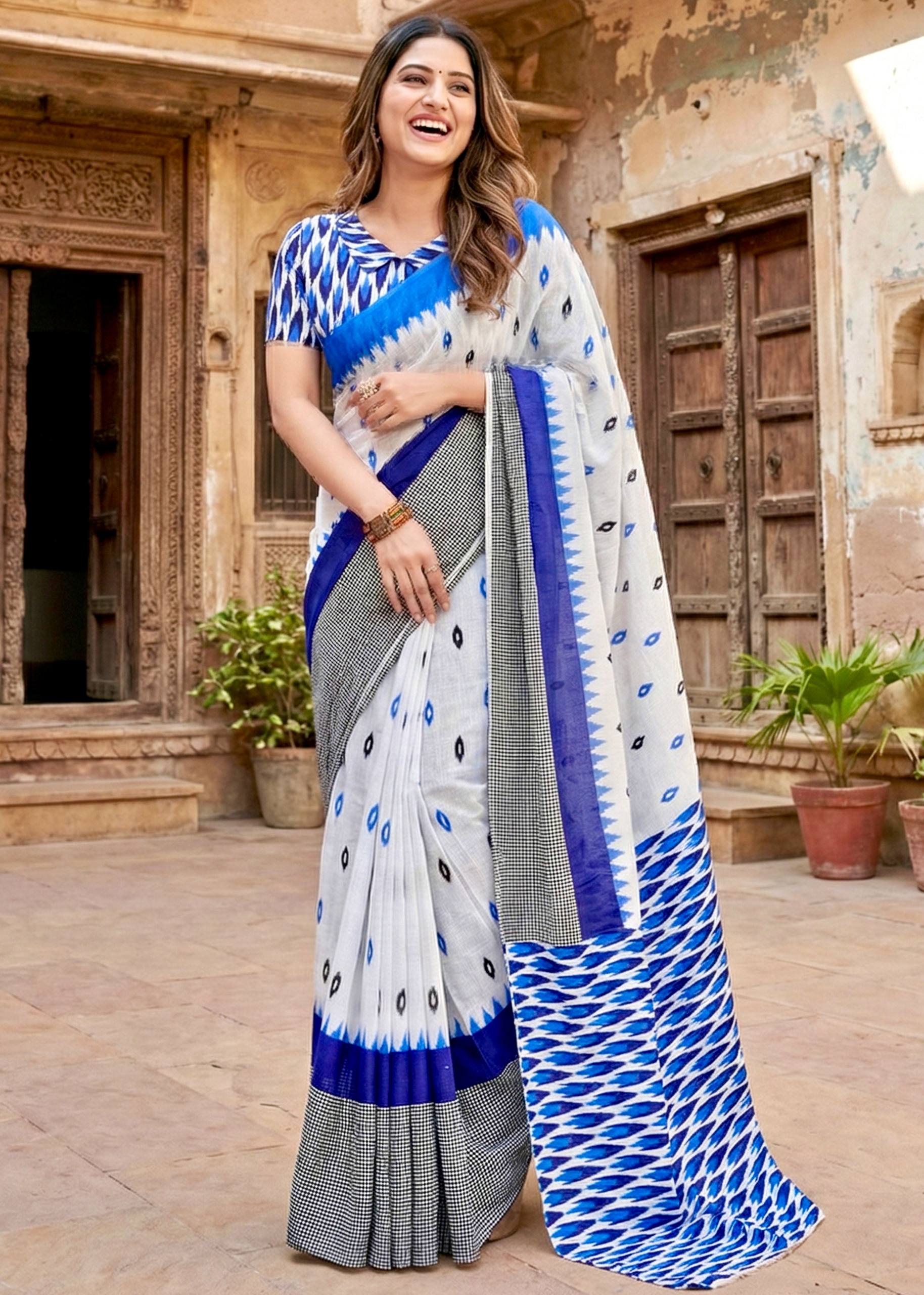PURE SOFT COTTON HAND BAGRU BLOCK PRINT WHITE AND BLUE SAREE WITH BLOUSE