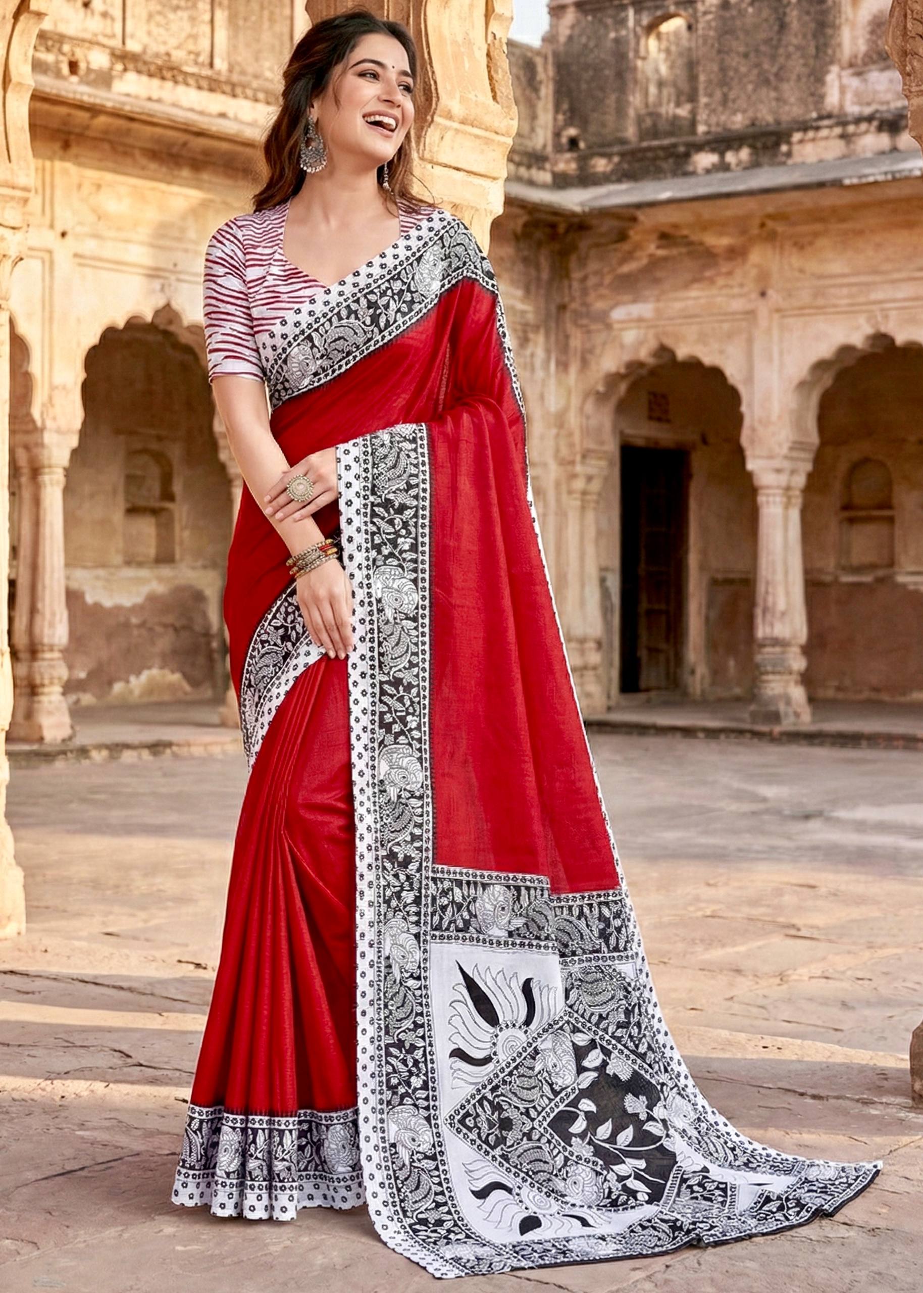PURE SOFT COTTON HAND BAGRU BLOCK PRINT RED SAREE WITH BLOUSE