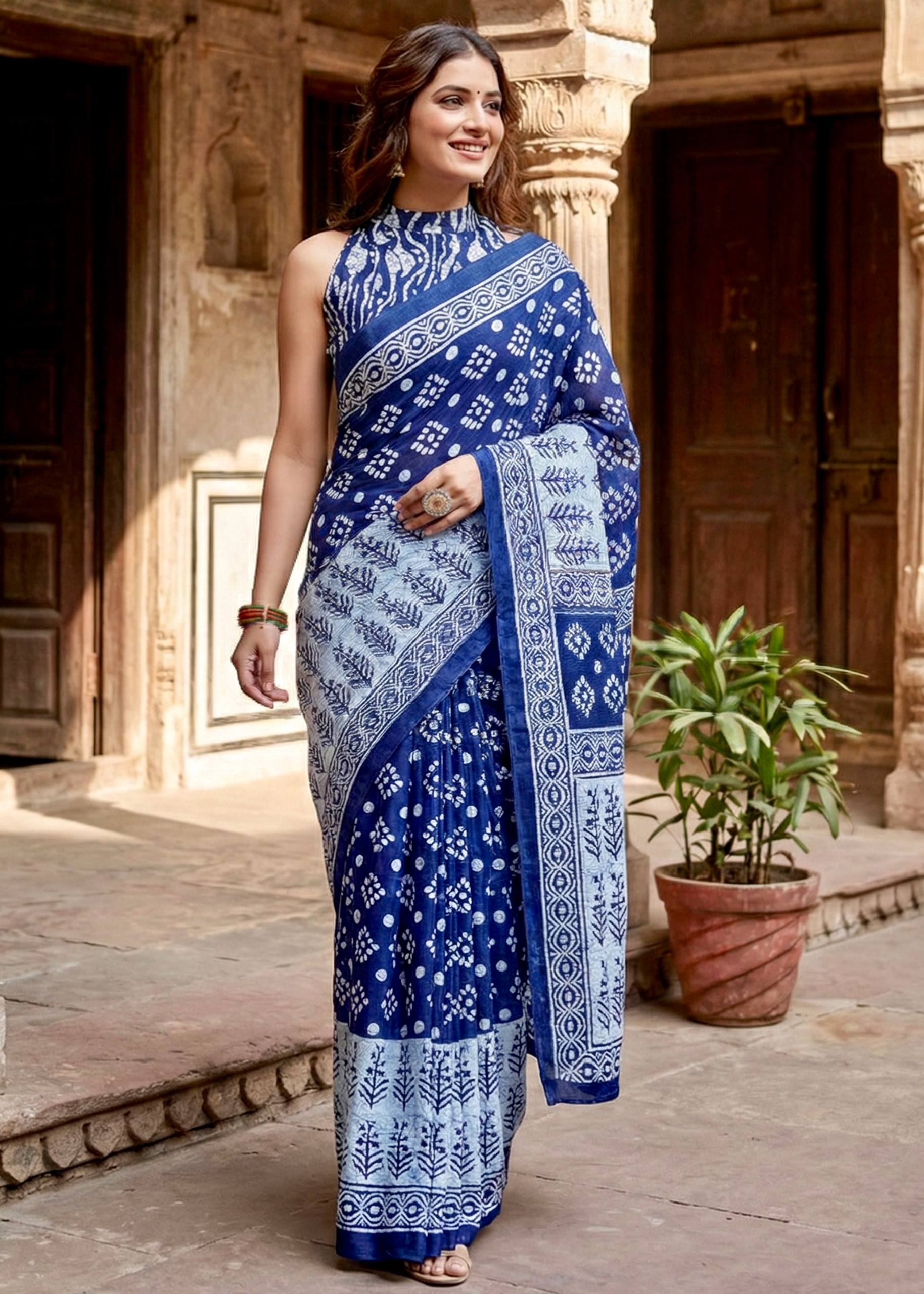 PURE SOFT COTTON HAND BAGRU BLOCK PRINT BLUE SAREE WITH BLOUSE