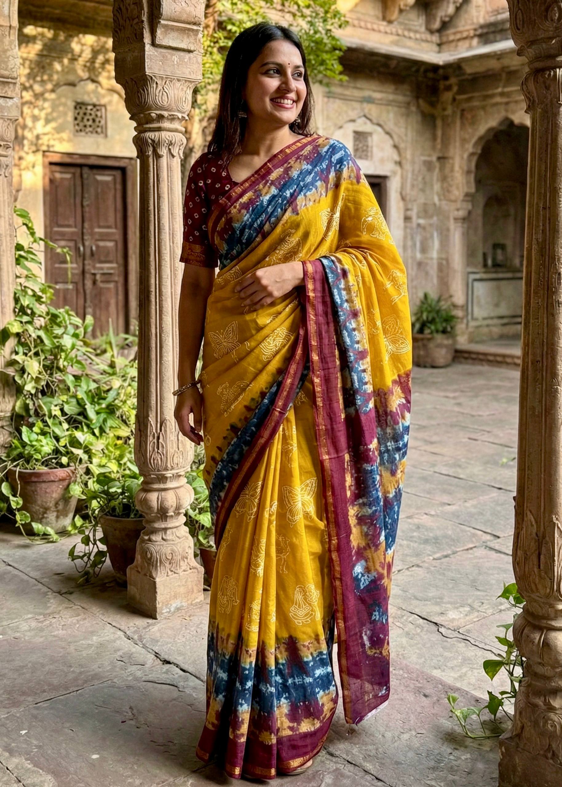 SOFT MASLIN MULMUL COTTON WITH HEAVY ZARI BORDER YELLOW SAREE WITH BLOUSE