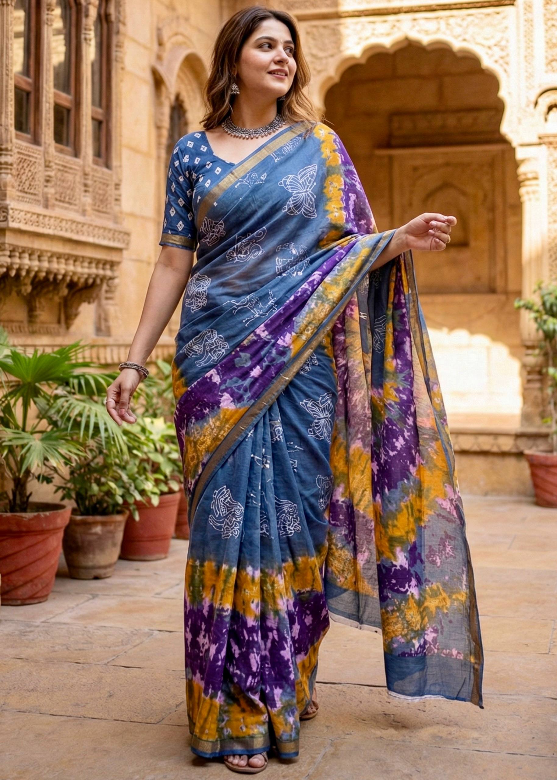 SOFT MASLIN MULMUL COTTON WITH HEAVY ZARI BORDER NEVY BLUE SAREE WITH BLOUSE