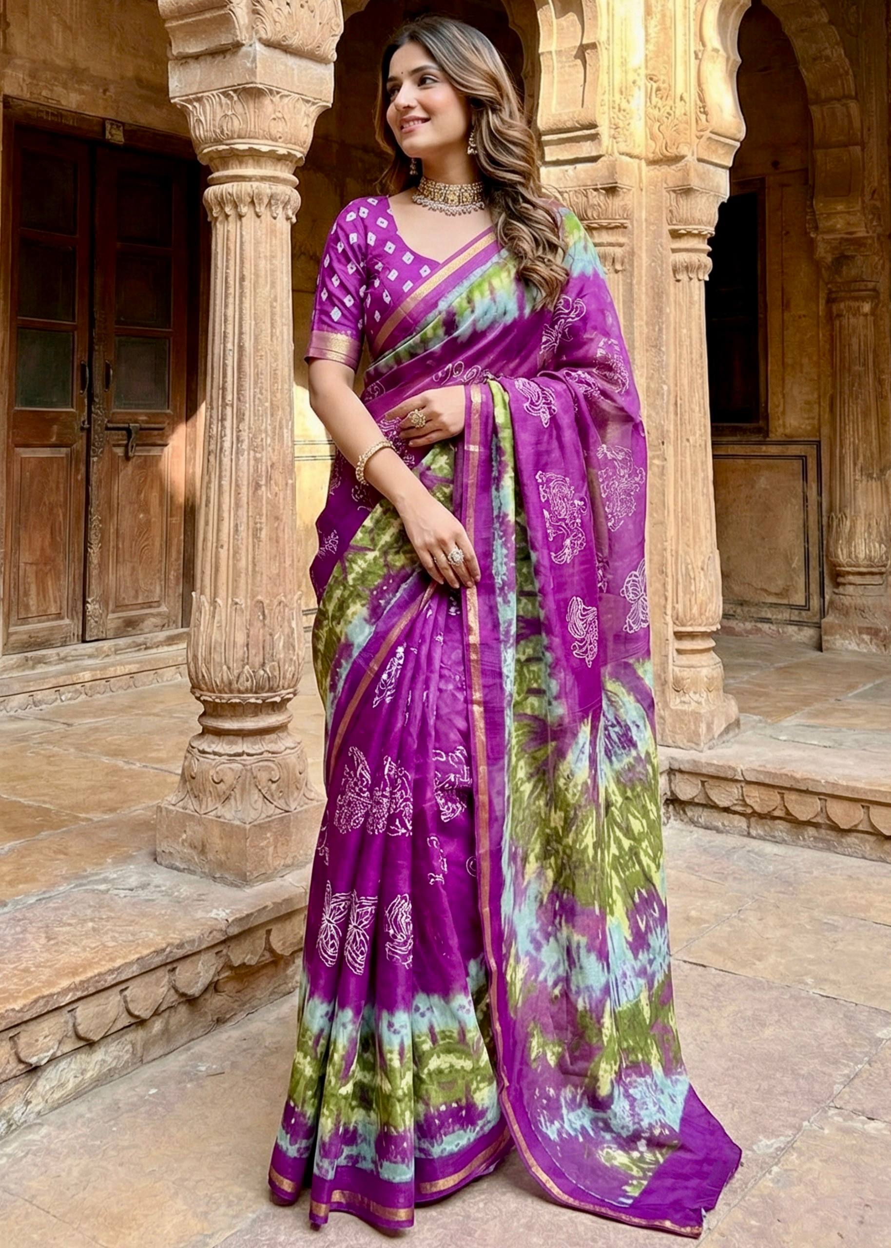 SOFT MASLIN MULMUL COTTON WITH HEAVY ZARI BORDER PURPLE SAREE WITH BLOUSE