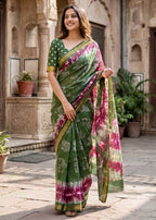 SOFT MASLIN MULMUL COTTON WITH HEAVY ZARI BORDER GREEN SAREE WITH BLOUSE