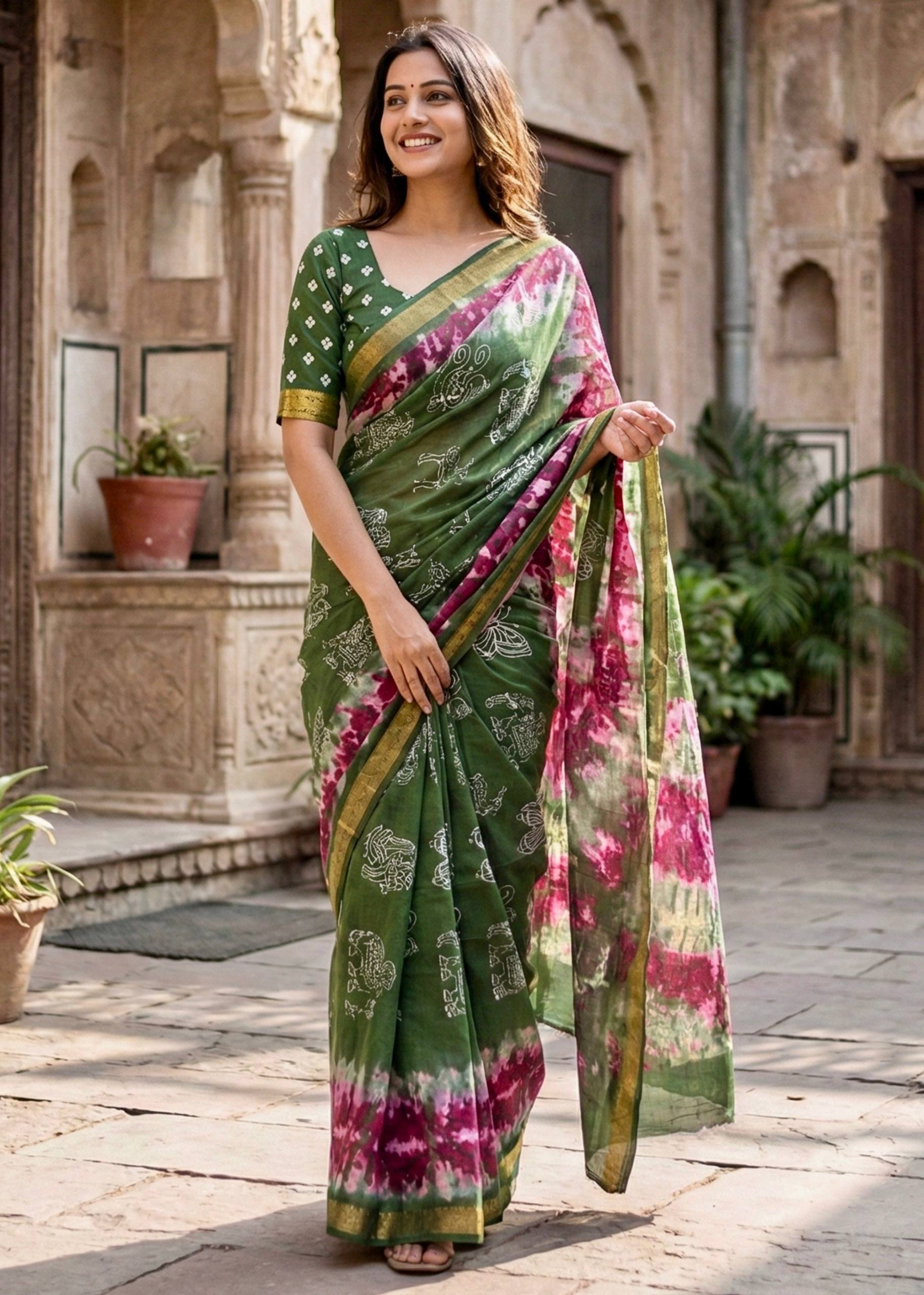 SOFT MASLIN MULMUL COTTON WITH HEAVY ZARI BORDER GREEN SAREE WITH BLOUSE