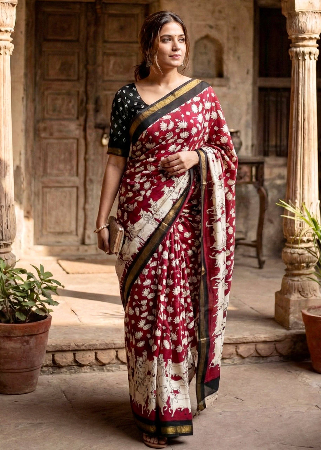 SOFT MASLIN  MULMUL COTTON WITH HEAVY ZARI BORDER MAROON SAREE WITH BLOUSE